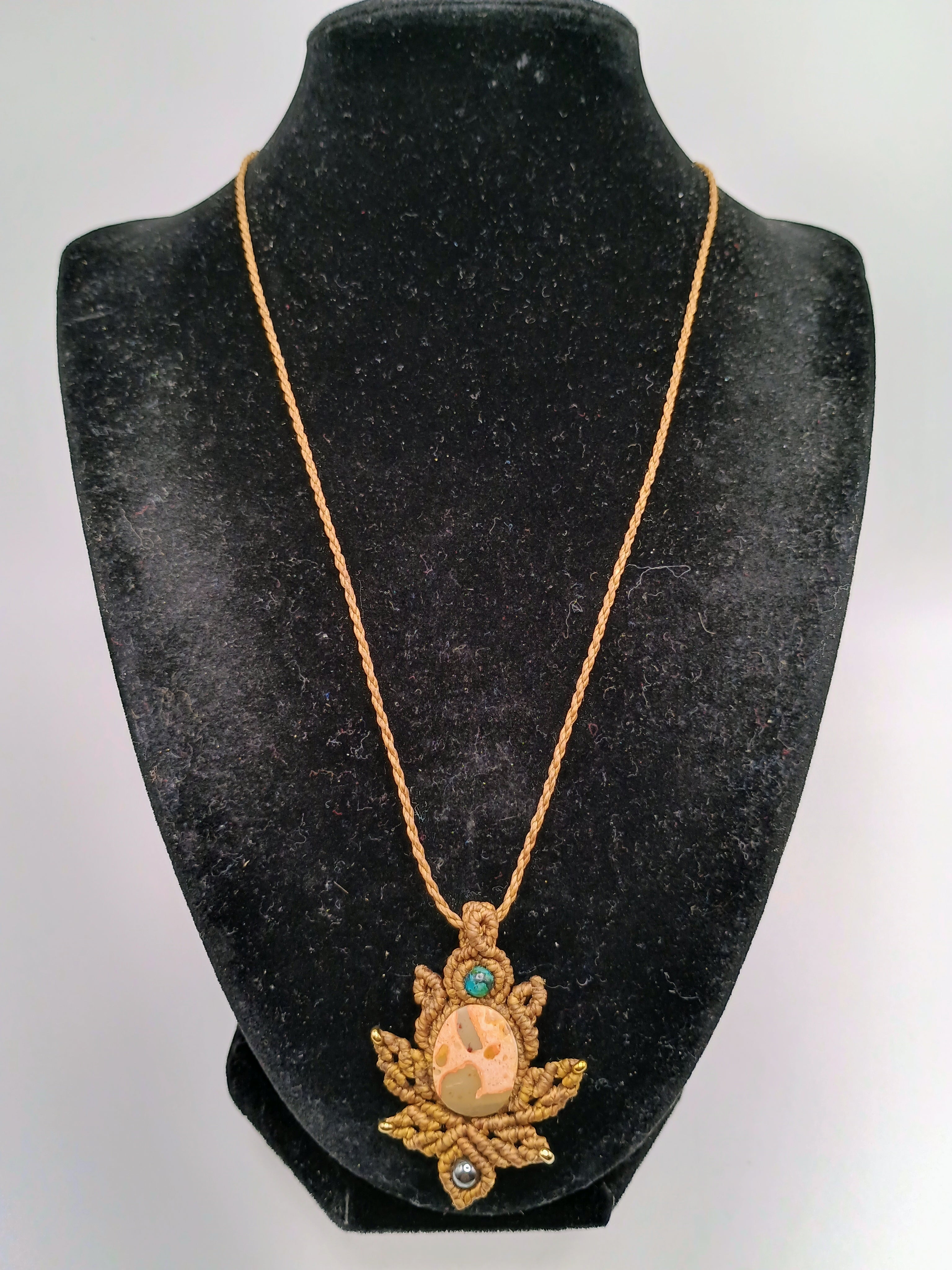 Macrame Necklace Jasper Leopard Print Handmade Pendant