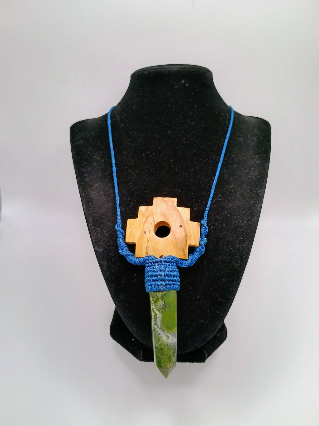 Chakana Inca Palo Santo Serpentine Natural Stone Macramé Necklace