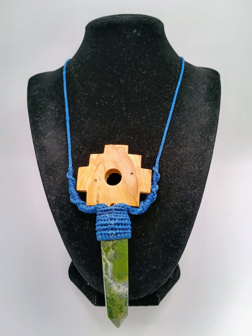 Chakana Inca Palo Santo Serpentine Natural Stone Macramé Necklace