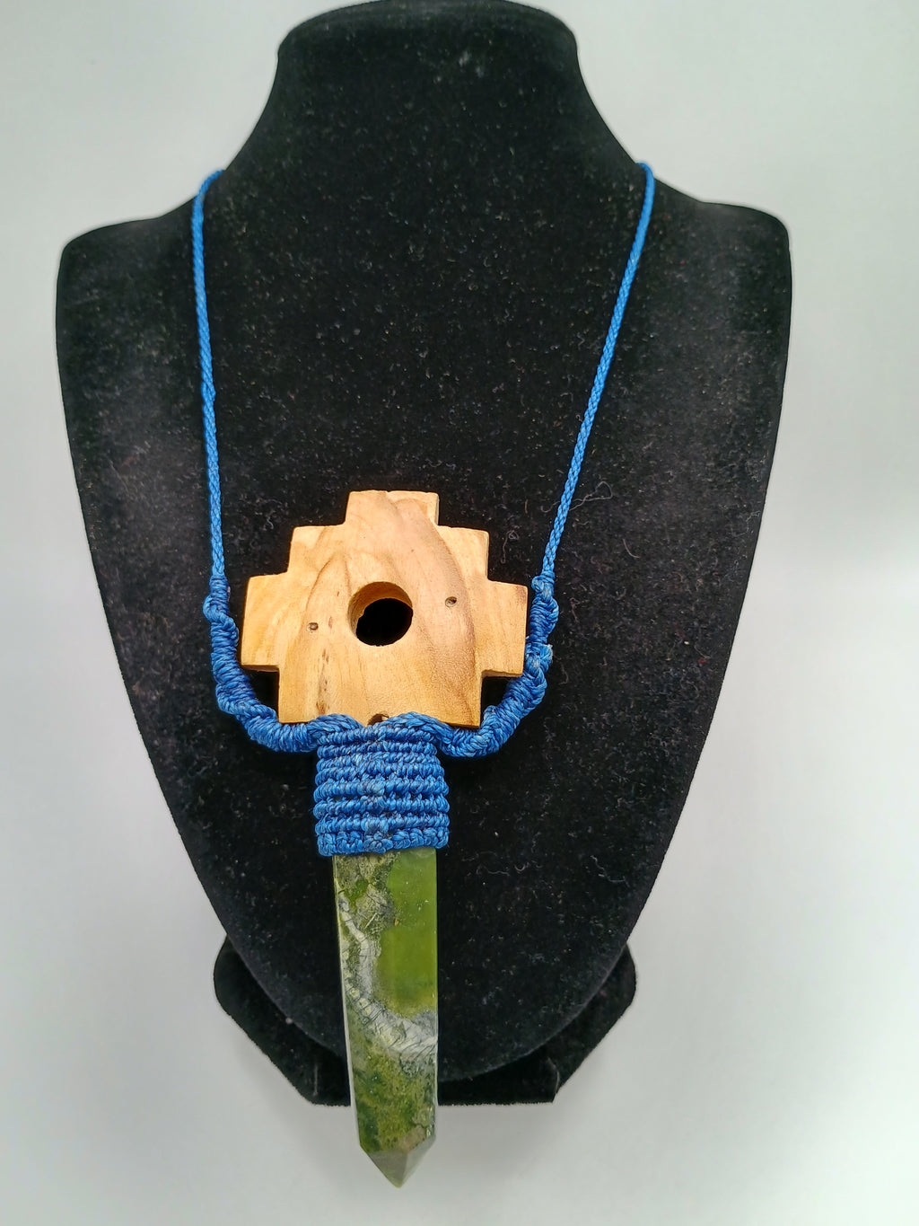 Chakana Inca Palo Santo Serpentine Natural Stone Macramé Necklace