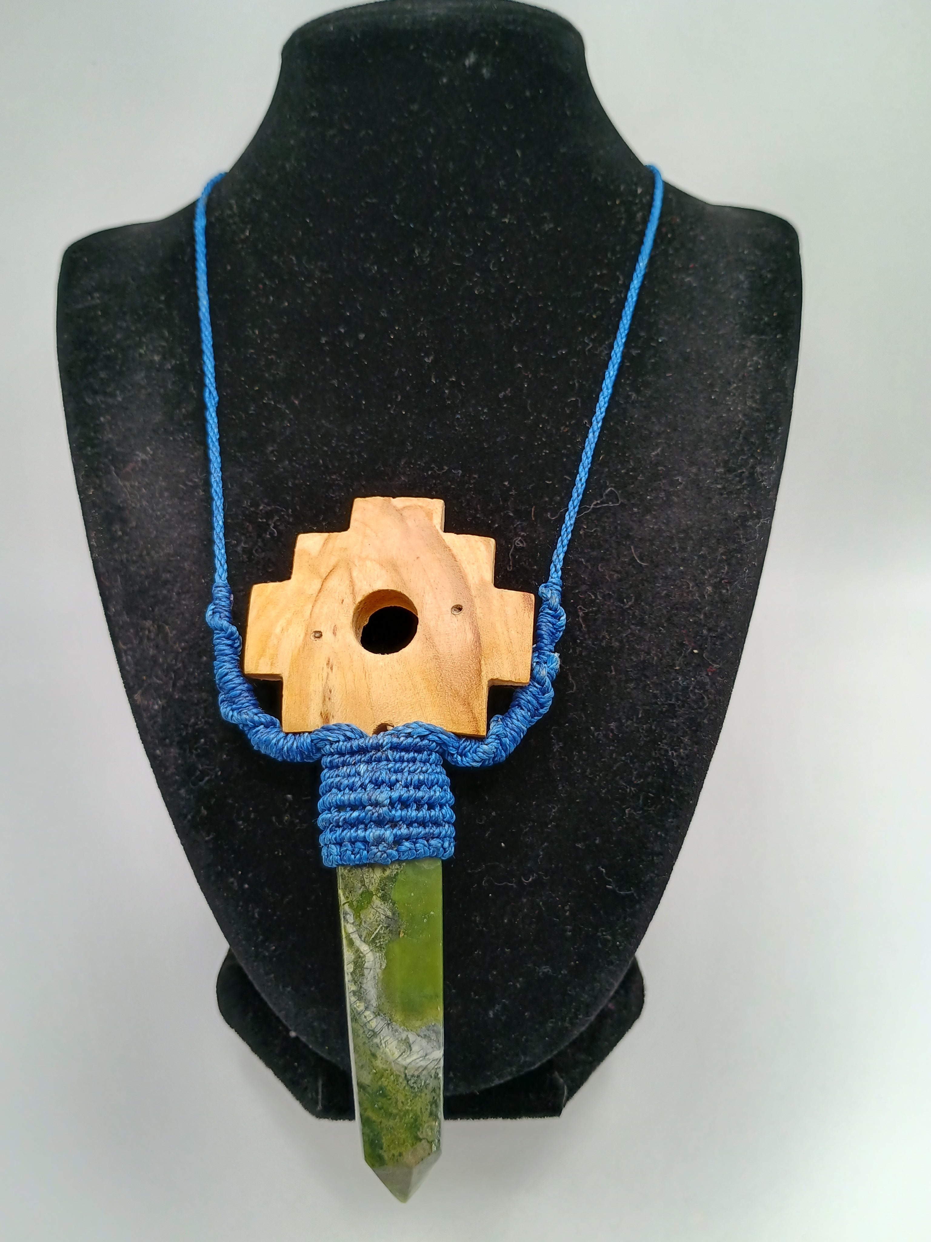 Chakana Inca Palo Santo Serpentine Natural Stone Macramé Necklace