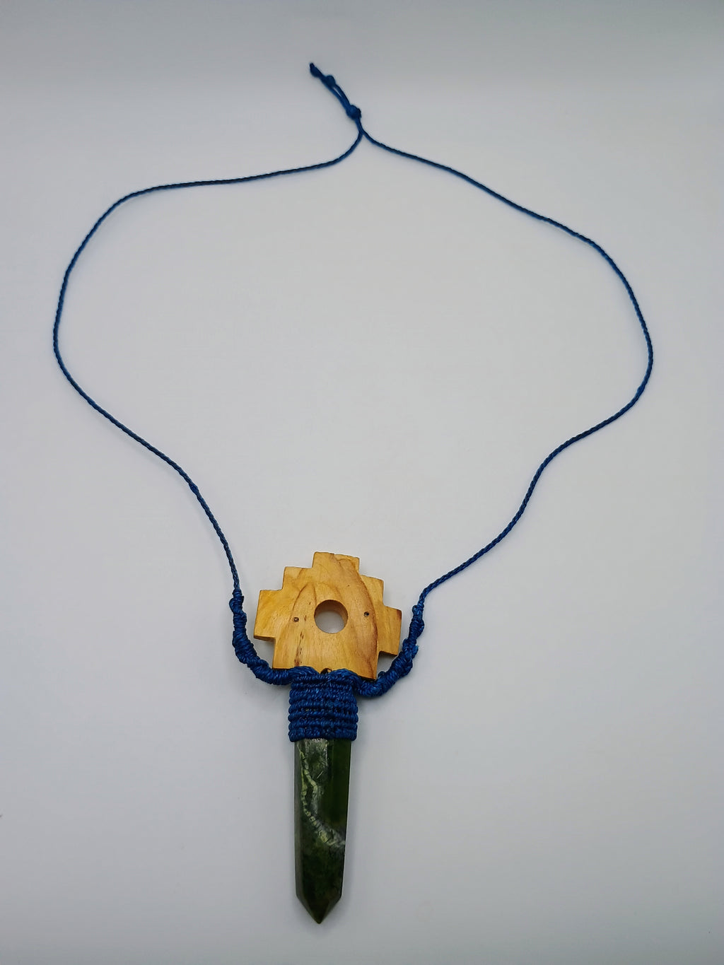 Chakana Inca Palo Santo Serpentine Natural Stone Macramé Necklace