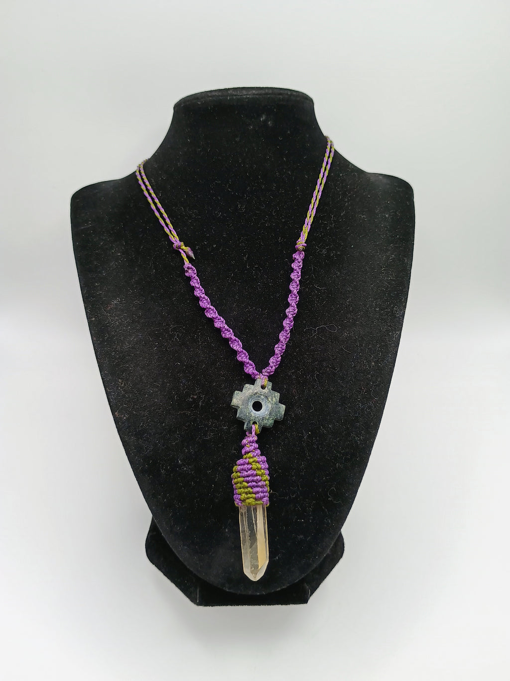 Handmade Macrame Necklace, Andean Inca Chakana, Quartz Crystal