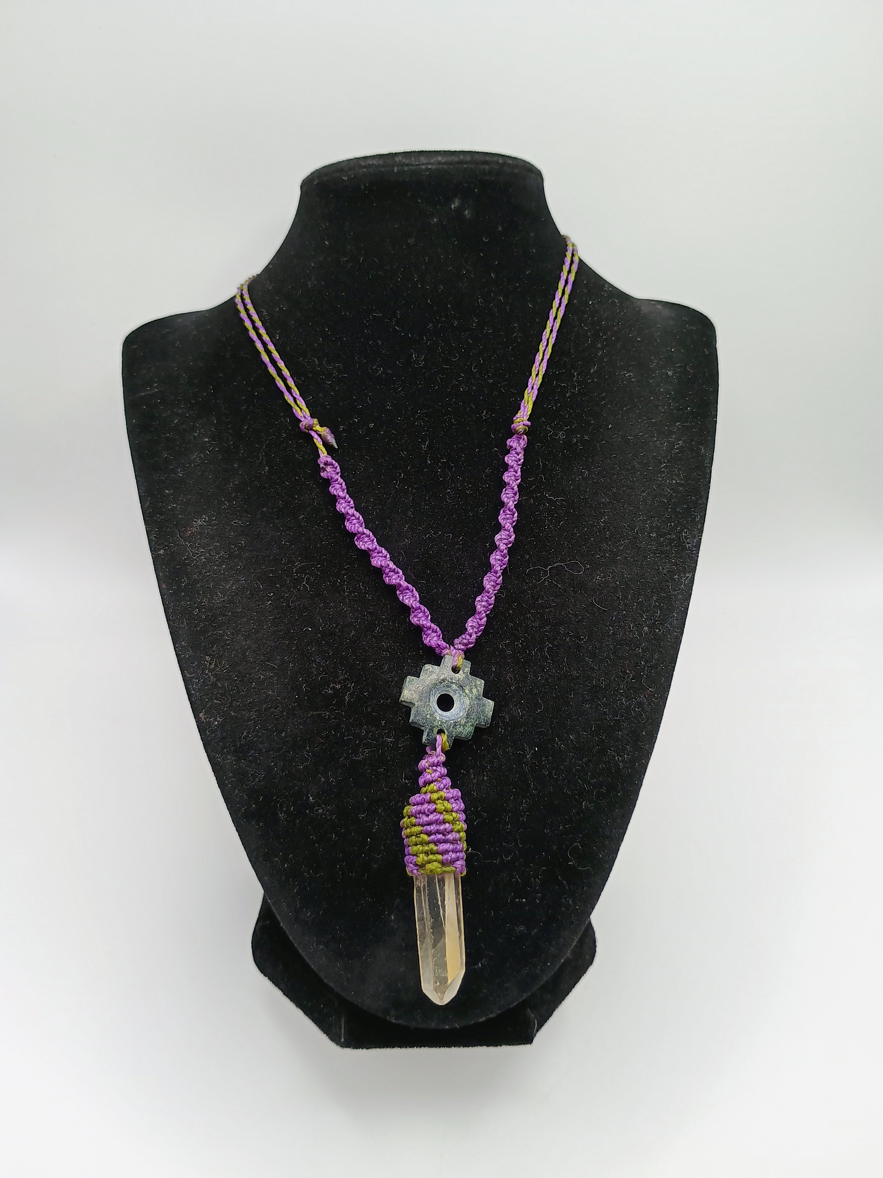 Handmade Macrame Necklace, Andean Inca Chakana, Quartz Crystal
