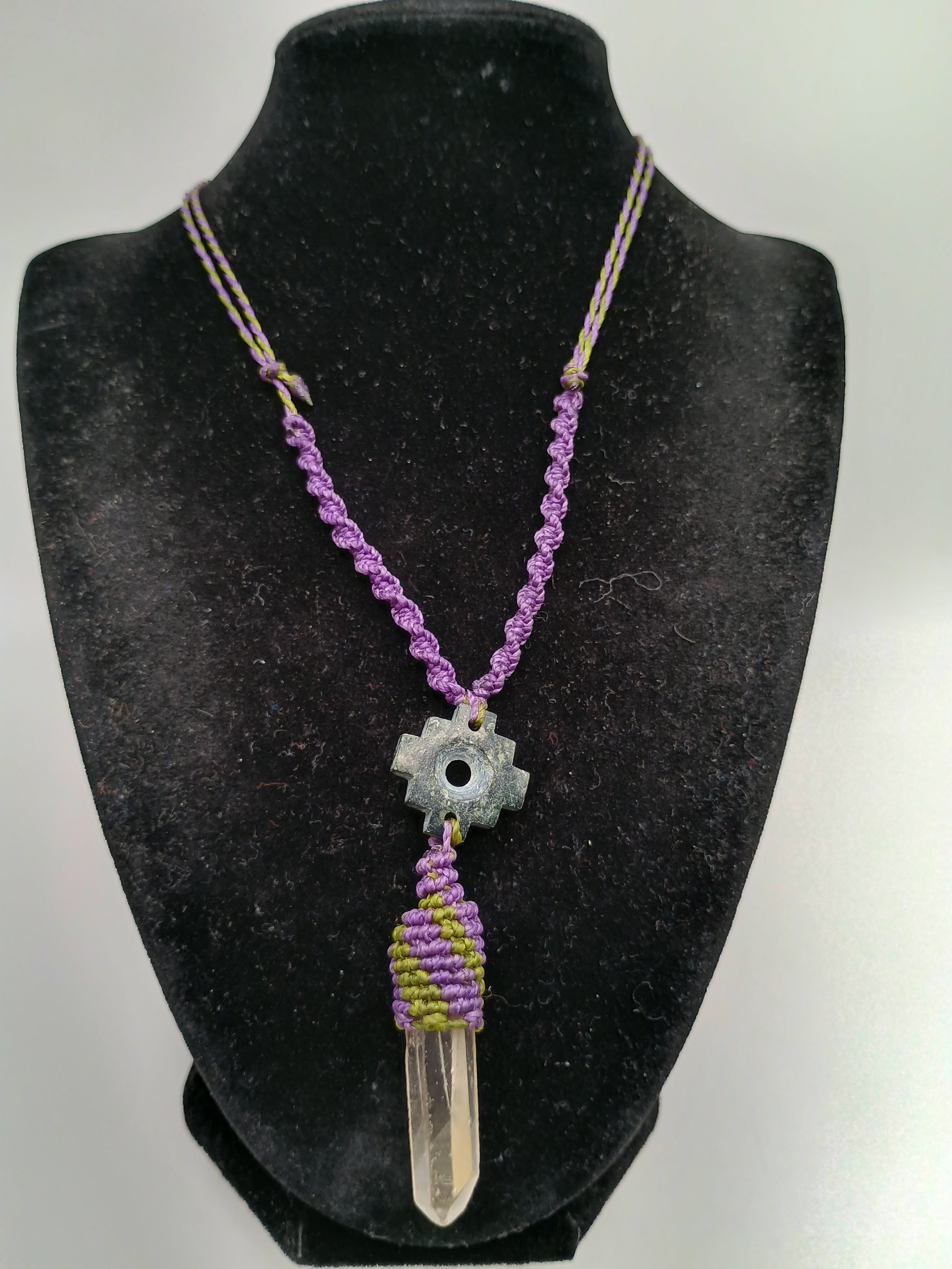 Handmade Macrame Necklace, Andean Inca Chakana, Quartz Crystal
