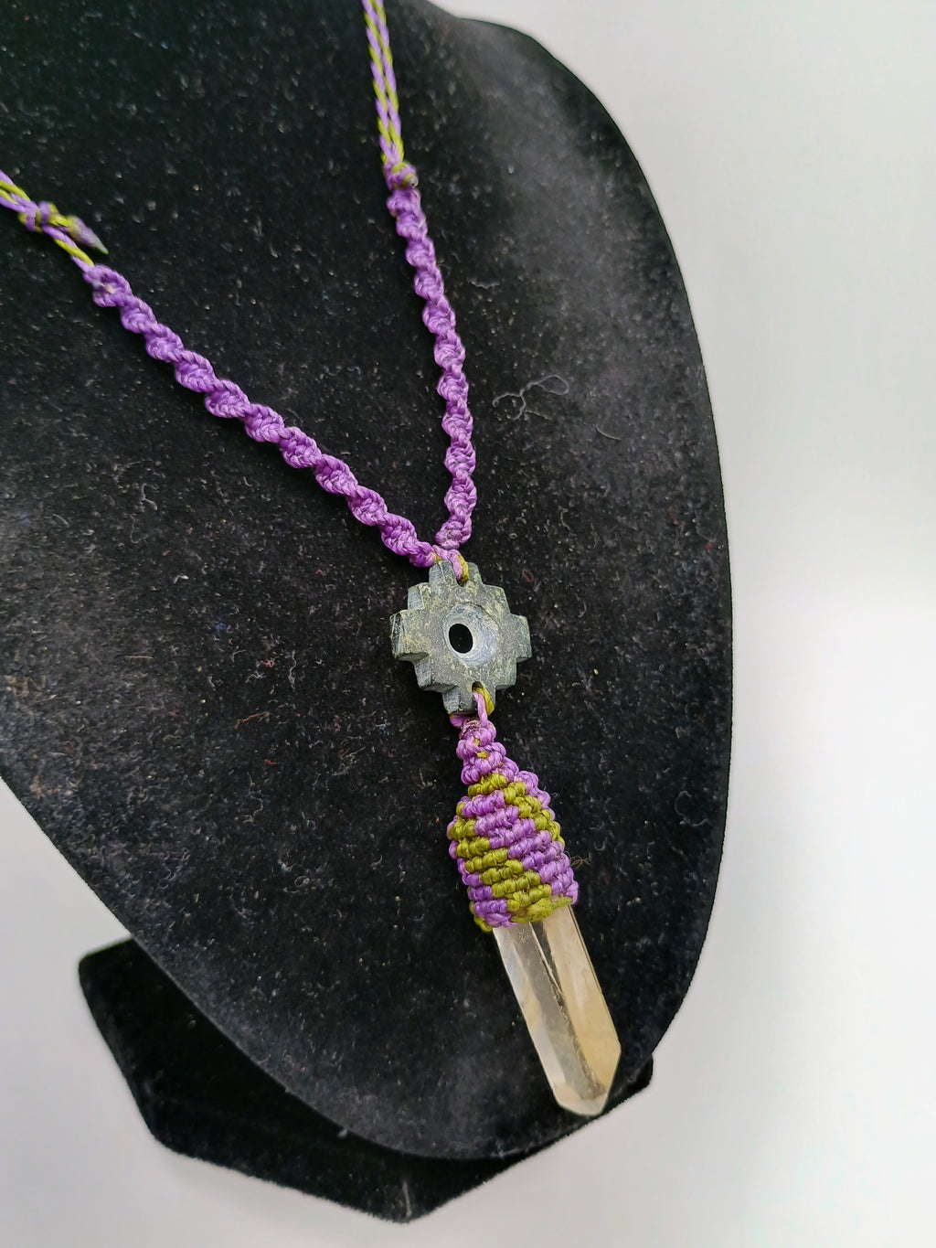 Handmade Macrame Necklace, Andean Inca Chakana, Quartz Crystal