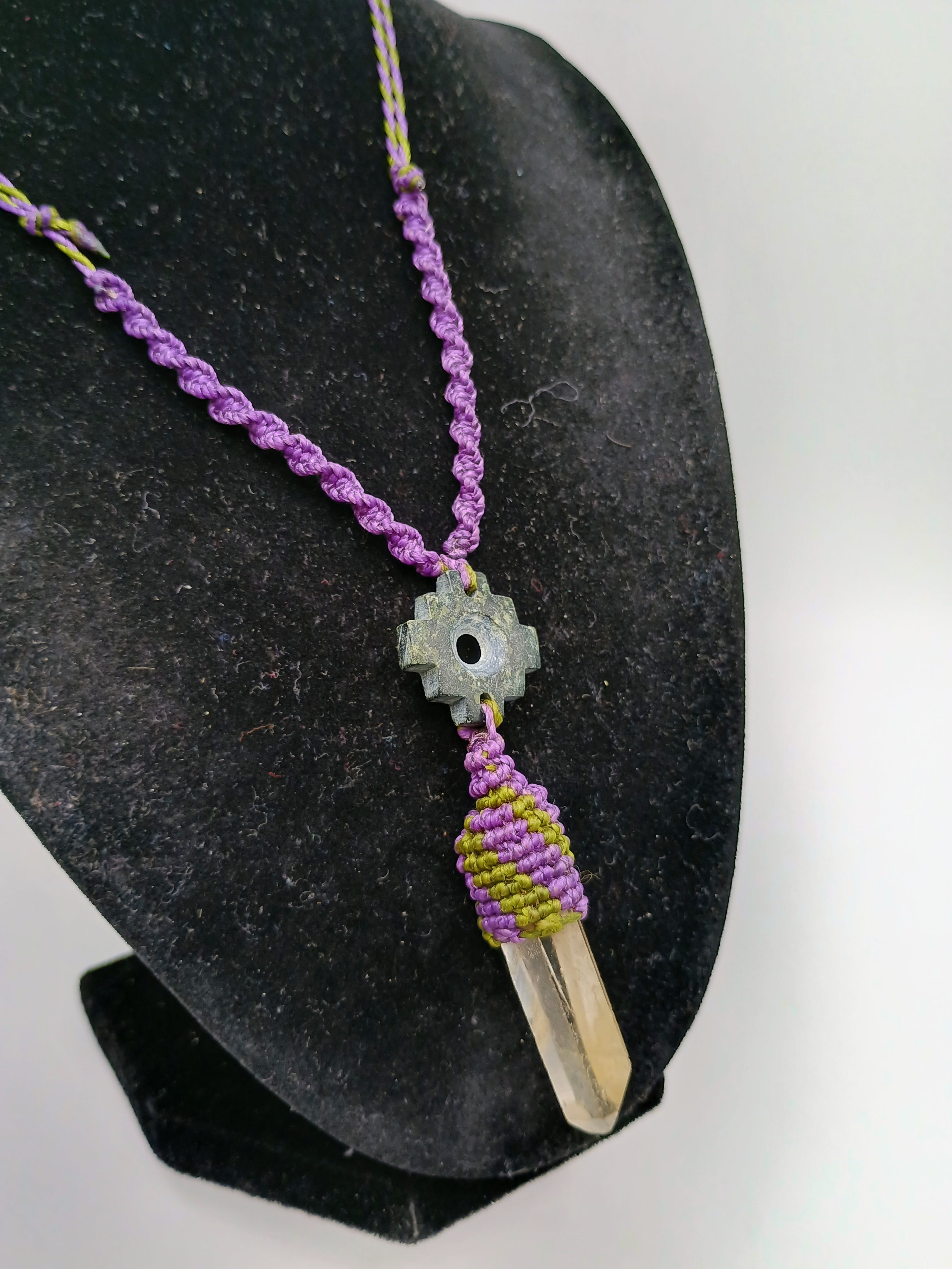 Handmade Macrame Necklace, Andean Inca Chakana, Quartz Crystal