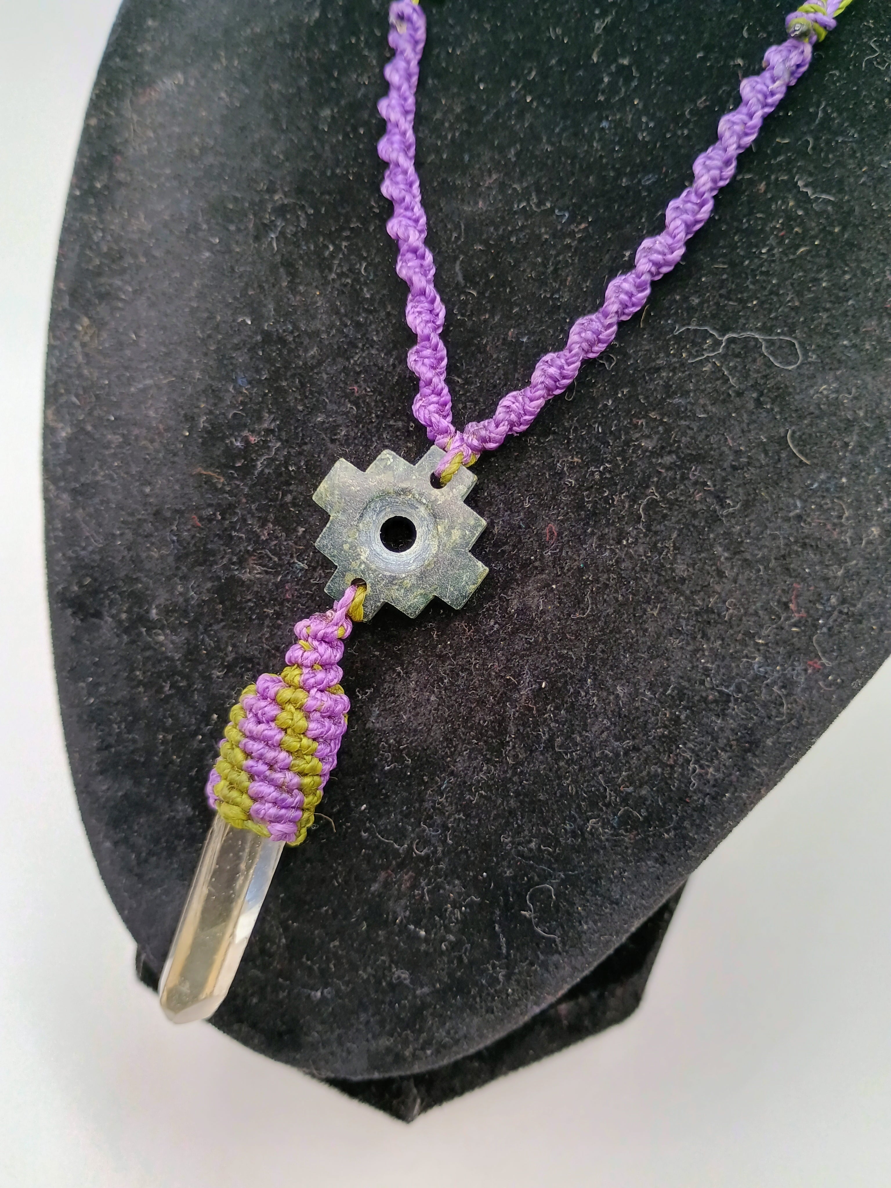 Handmade Macrame Necklace, Andean Inca Chakana, Quartz Crystal