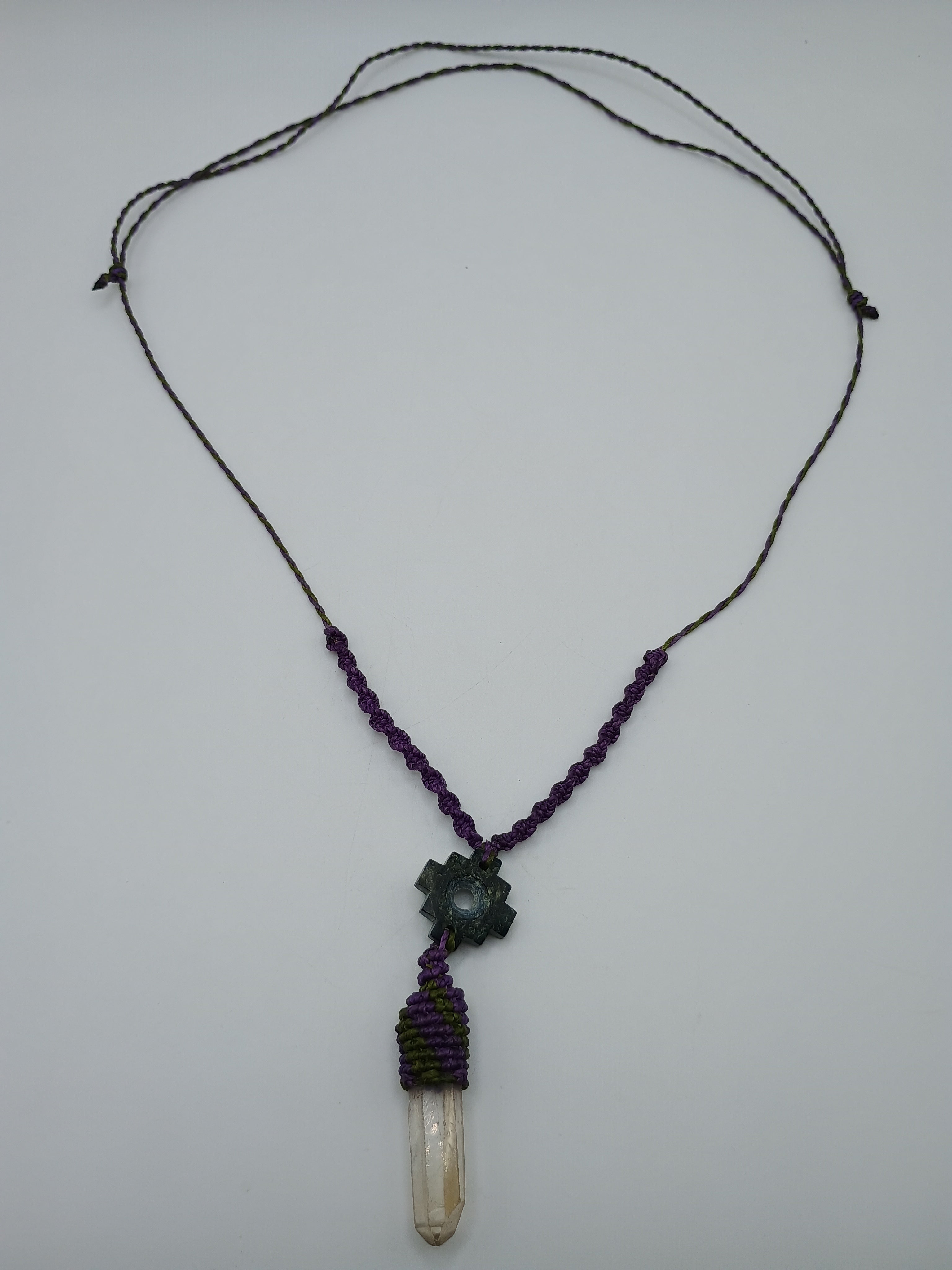 Handmade Macrame Necklace, Andean Inca Chakana, Quartz Crystal