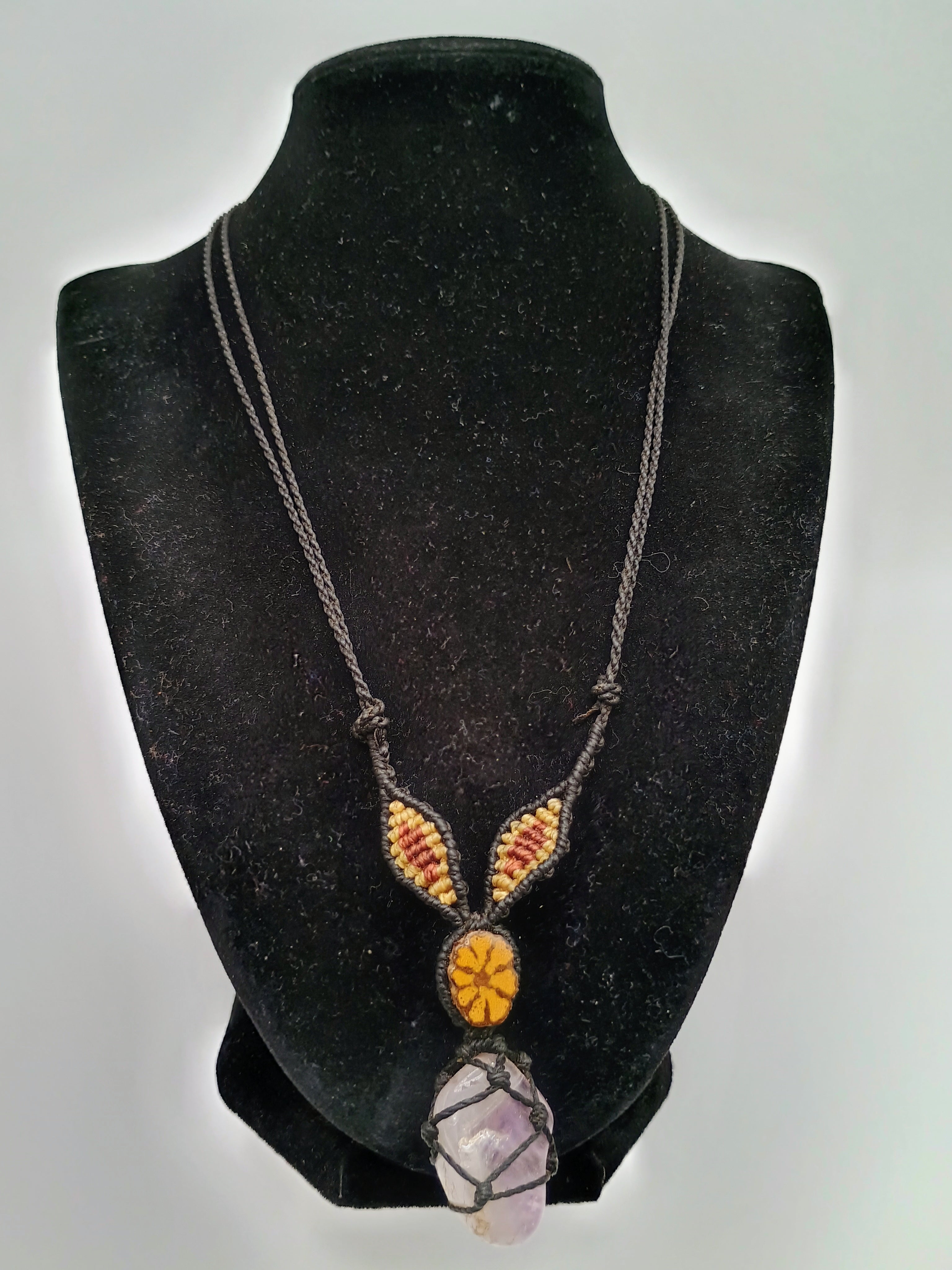 Macrame Necklace with Ayahuasca Flower, Quartz, and Amethyst - Spiritual Amulet