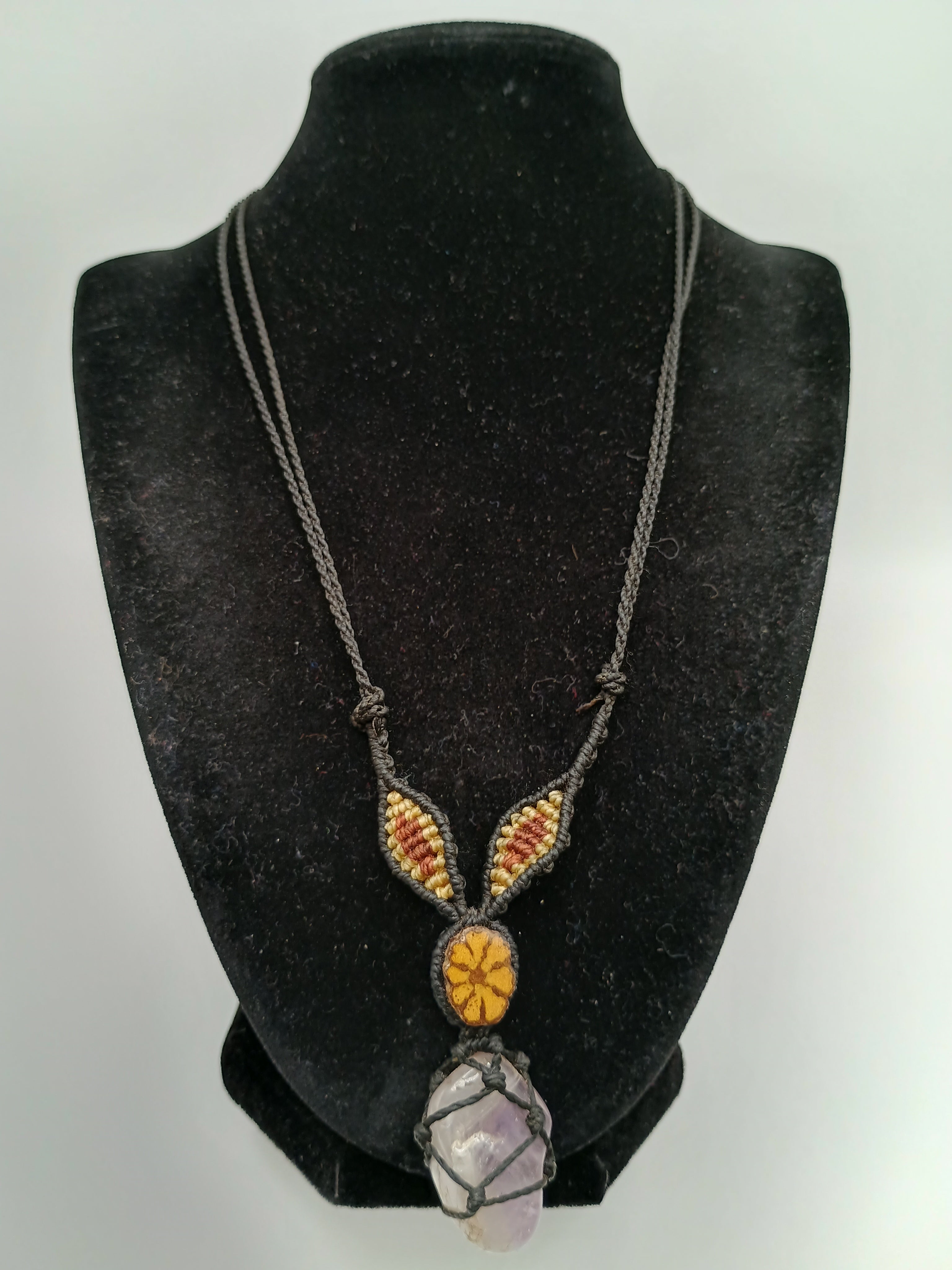 Macrame Necklace with Ayahuasca Flower, Quartz, and Amethyst - Spiritual Amulet
