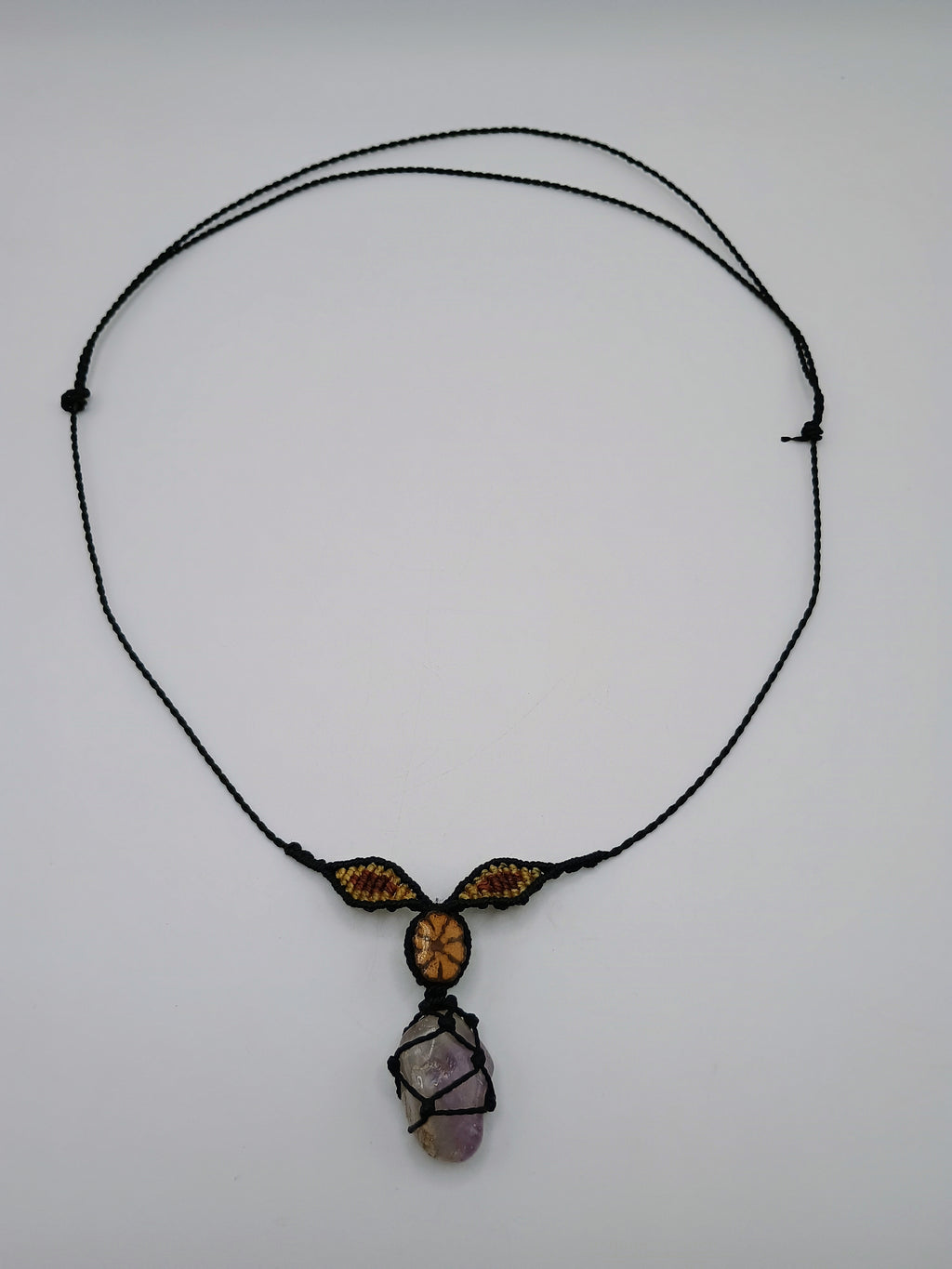 Macrame Necklace with Ayahuasca Flower, Quartz, and Amethyst - Spiritual Amulet