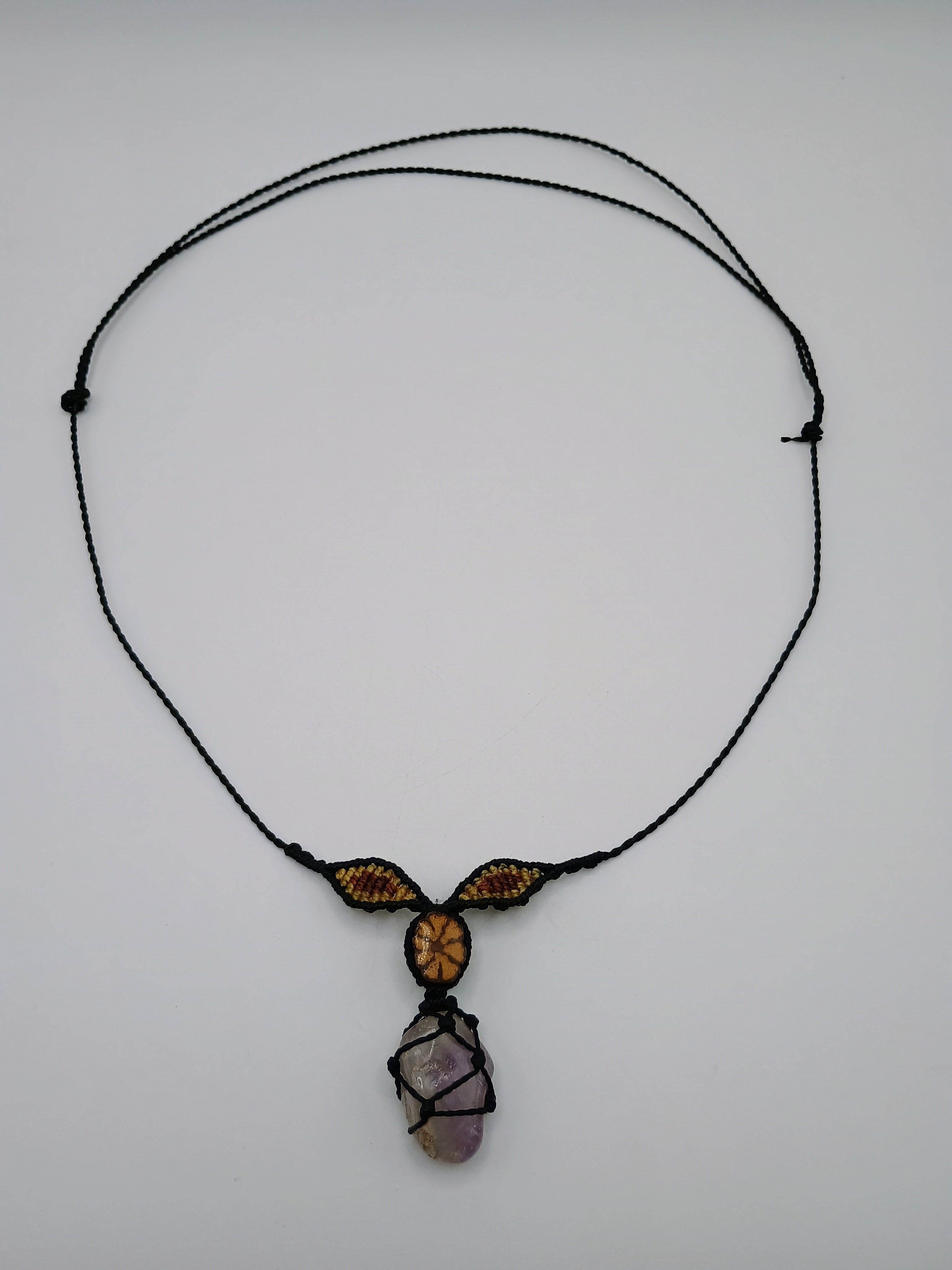 Macrame Necklace with Ayahuasca Flower, Quartz, and Amethyst - Spiritual Amulet