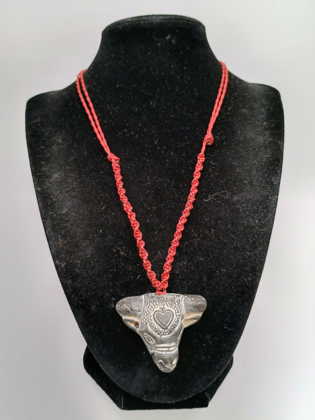 Hand-Carved Stone Bull Necklace, Macrame Choker, Red Heart