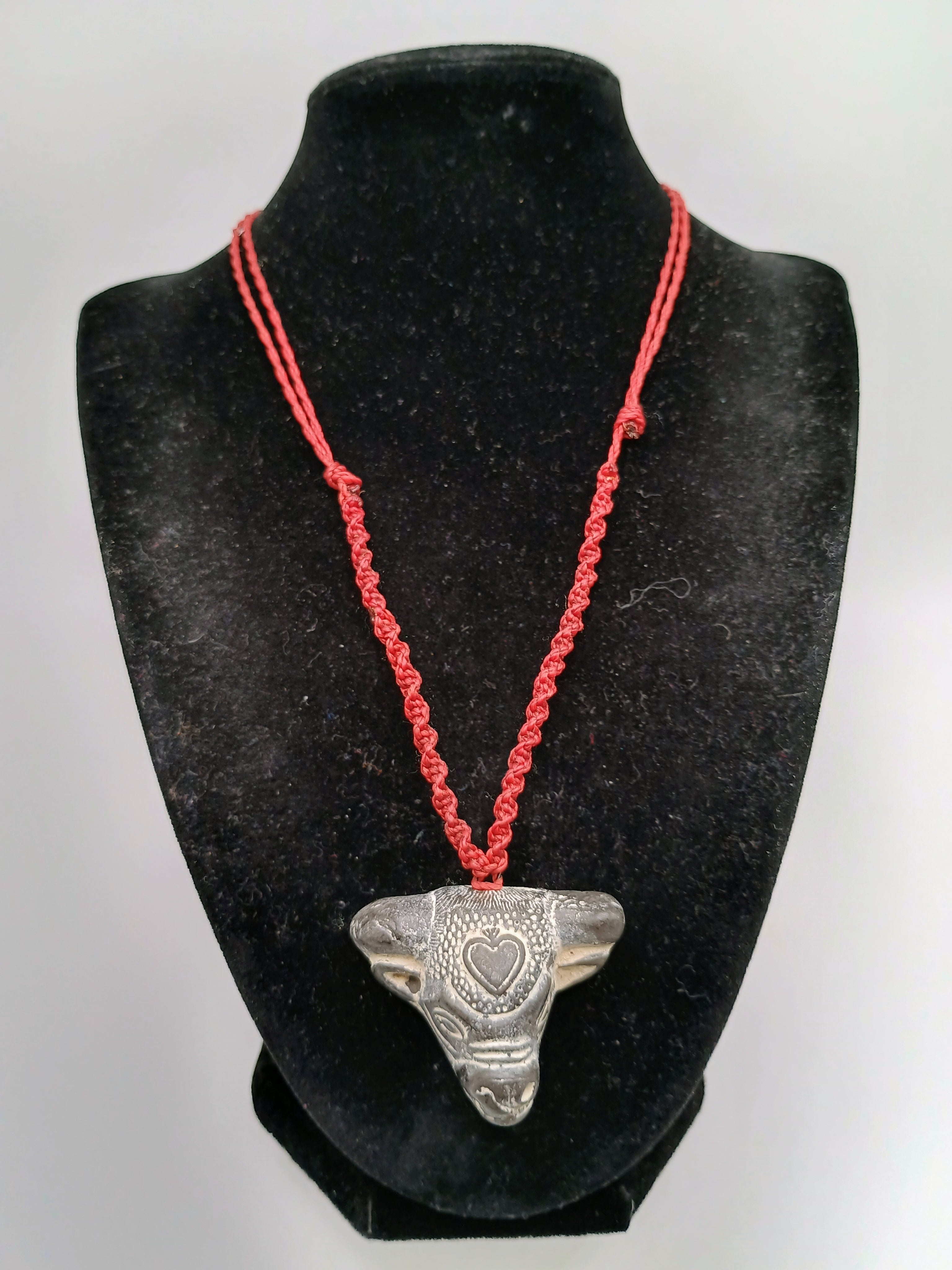 Hand-Carved Stone Bull Necklace, Macrame Choker, Red Heart