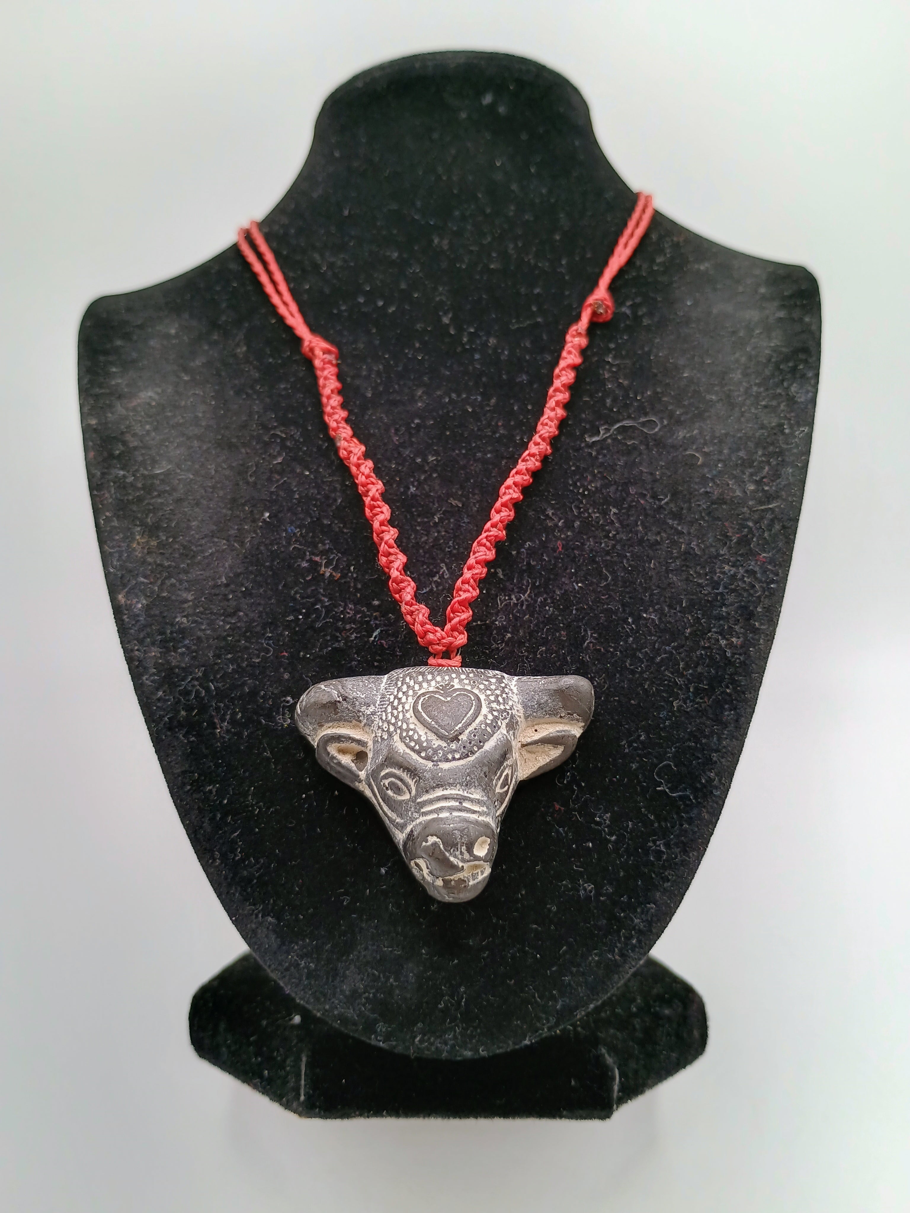 Hand-Carved Stone Bull Necklace, Macrame Choker, Red Heart