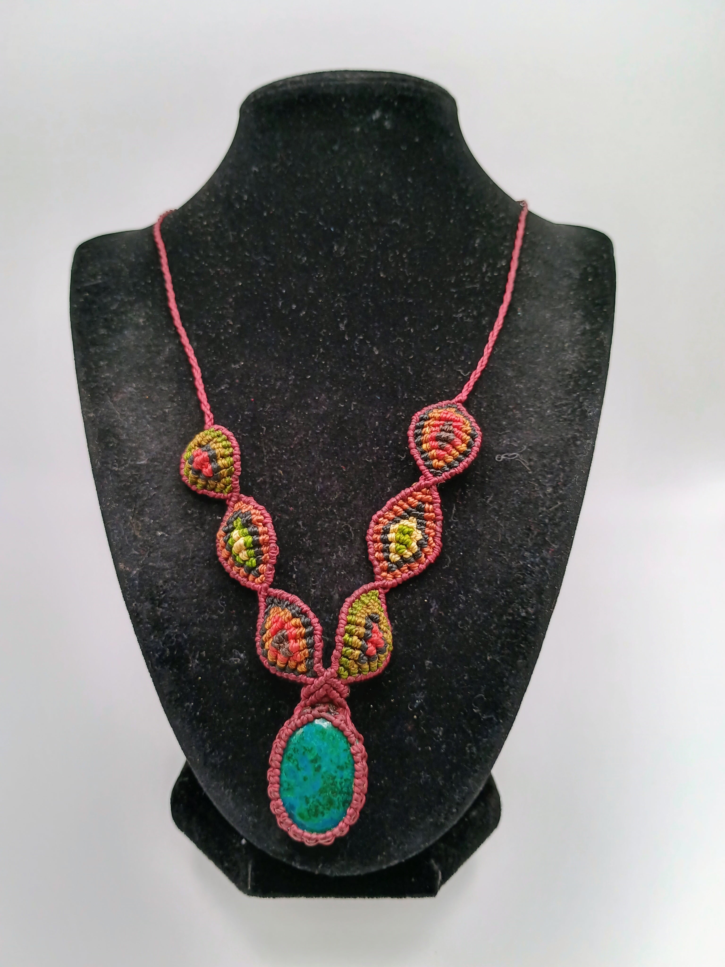 Handmade Macrame Necklace with Natural Turquoise and Chrysocolla Stone