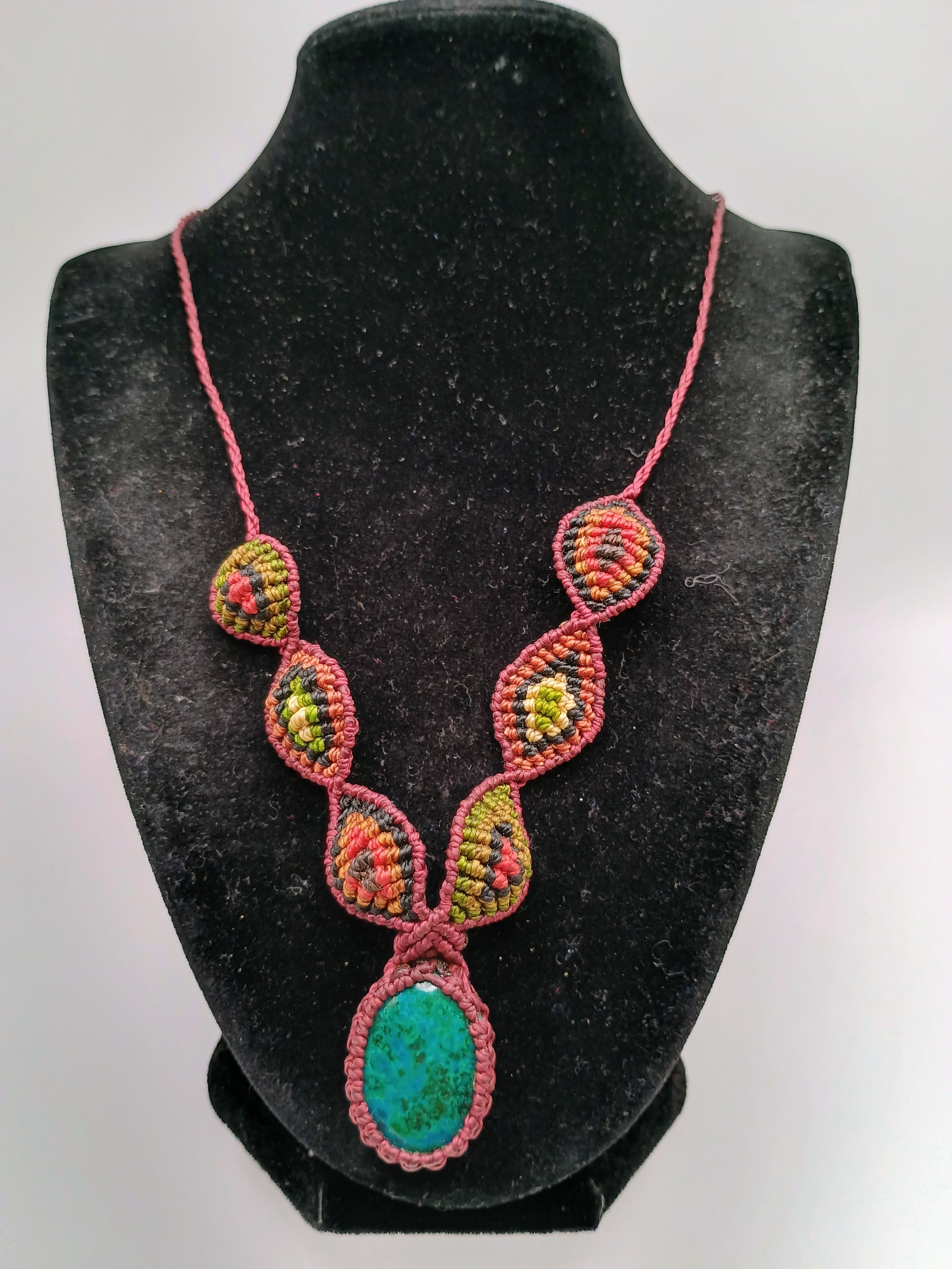 Handmade Macrame Necklace with Natural Turquoise and Chrysocolla Stone