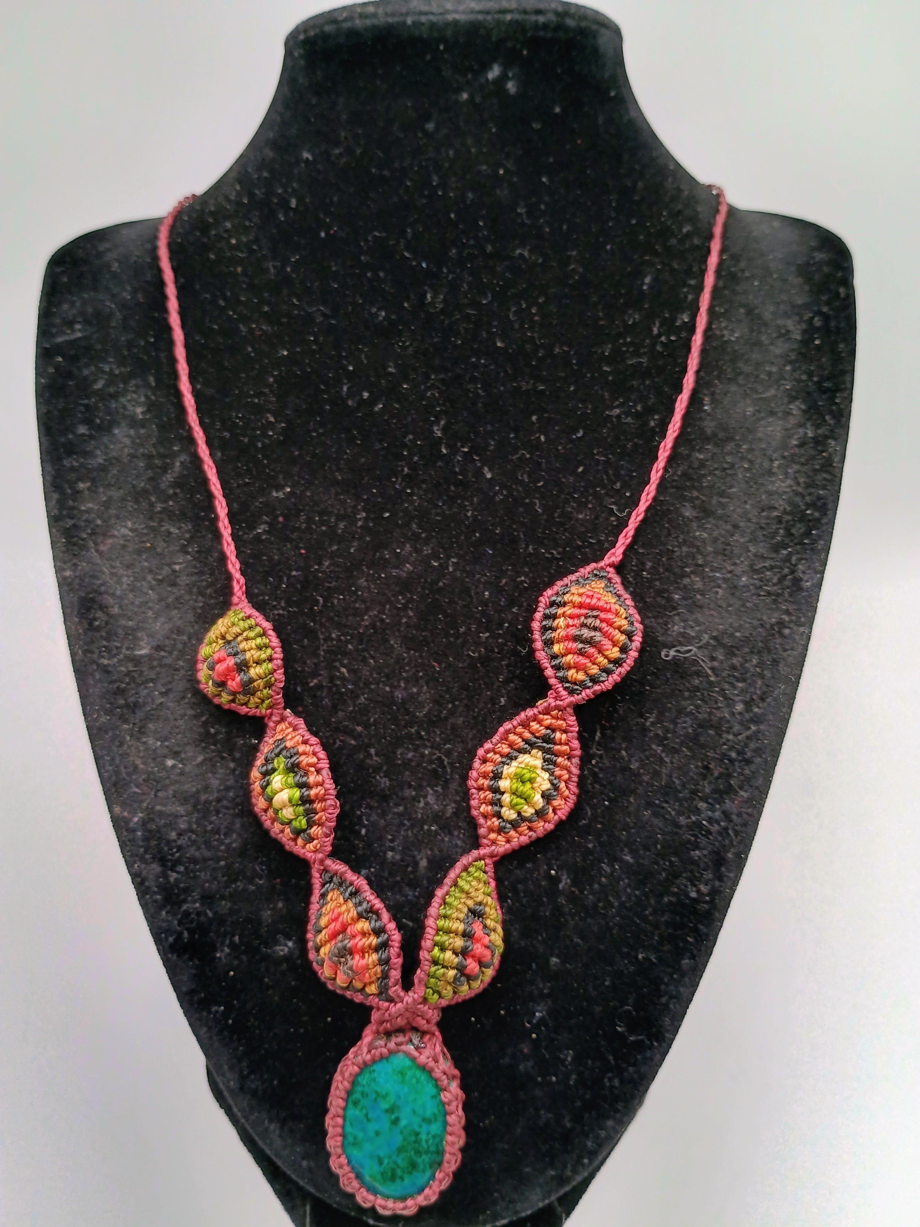 Handmade Macrame Necklace with Natural Turquoise and Chrysocolla Stone