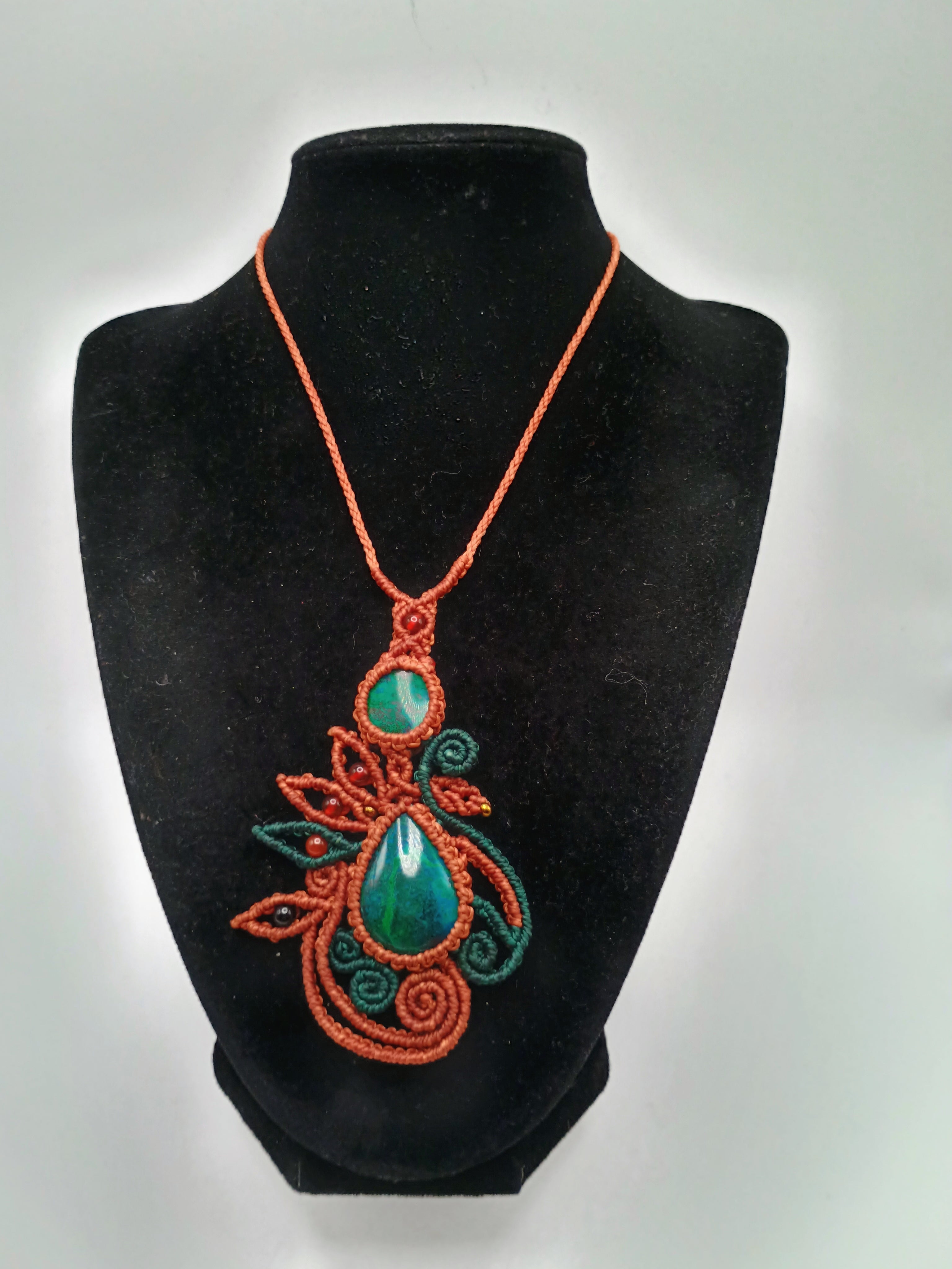 Eye-catching Macrame Necklace with Natural Turquoise Stones.