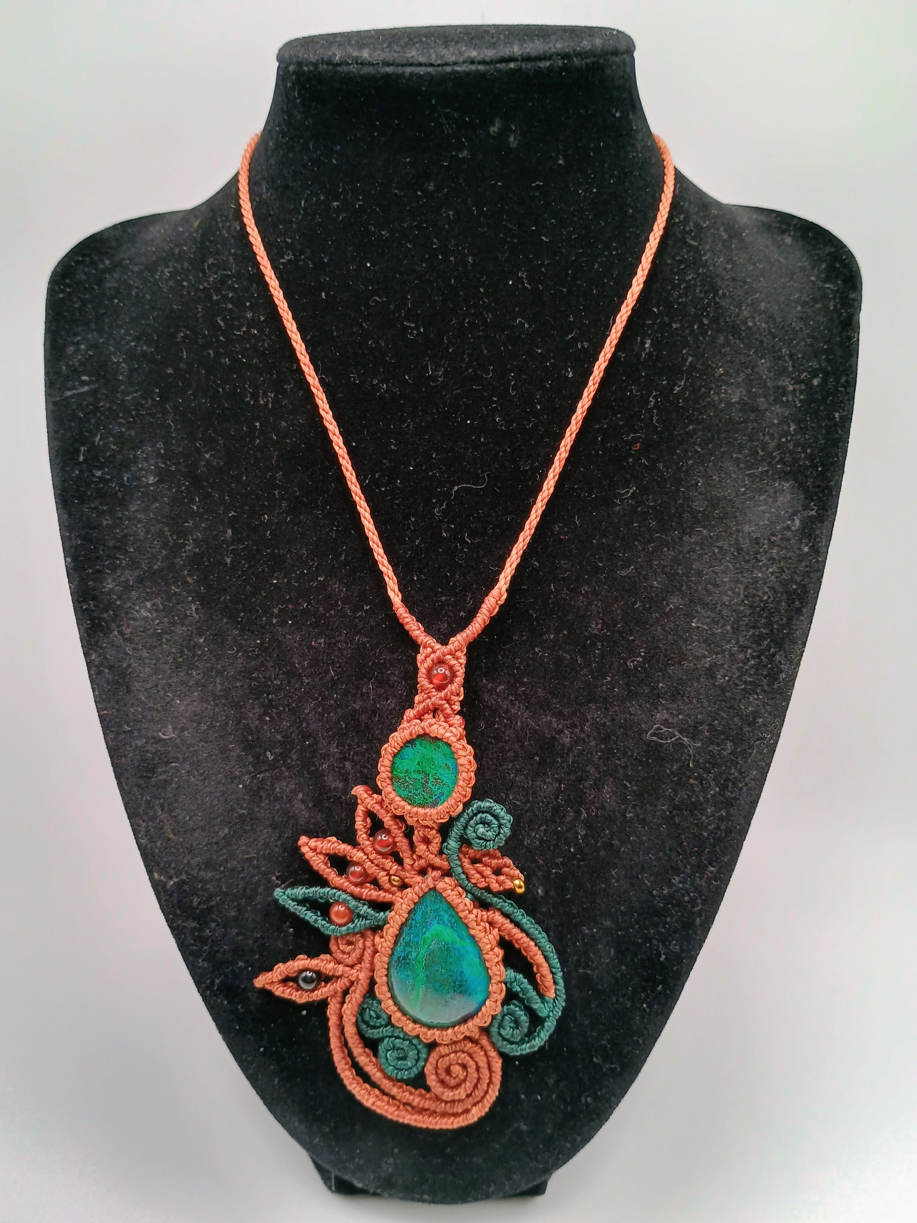 Eye-catching Macrame Necklace with Natural Turquoise Stones.