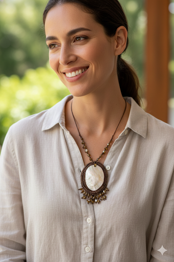 Unisex Macrame Necklace with Spondylus Shell and Mother-of-Pearl, Handmade Peruvian Craft
