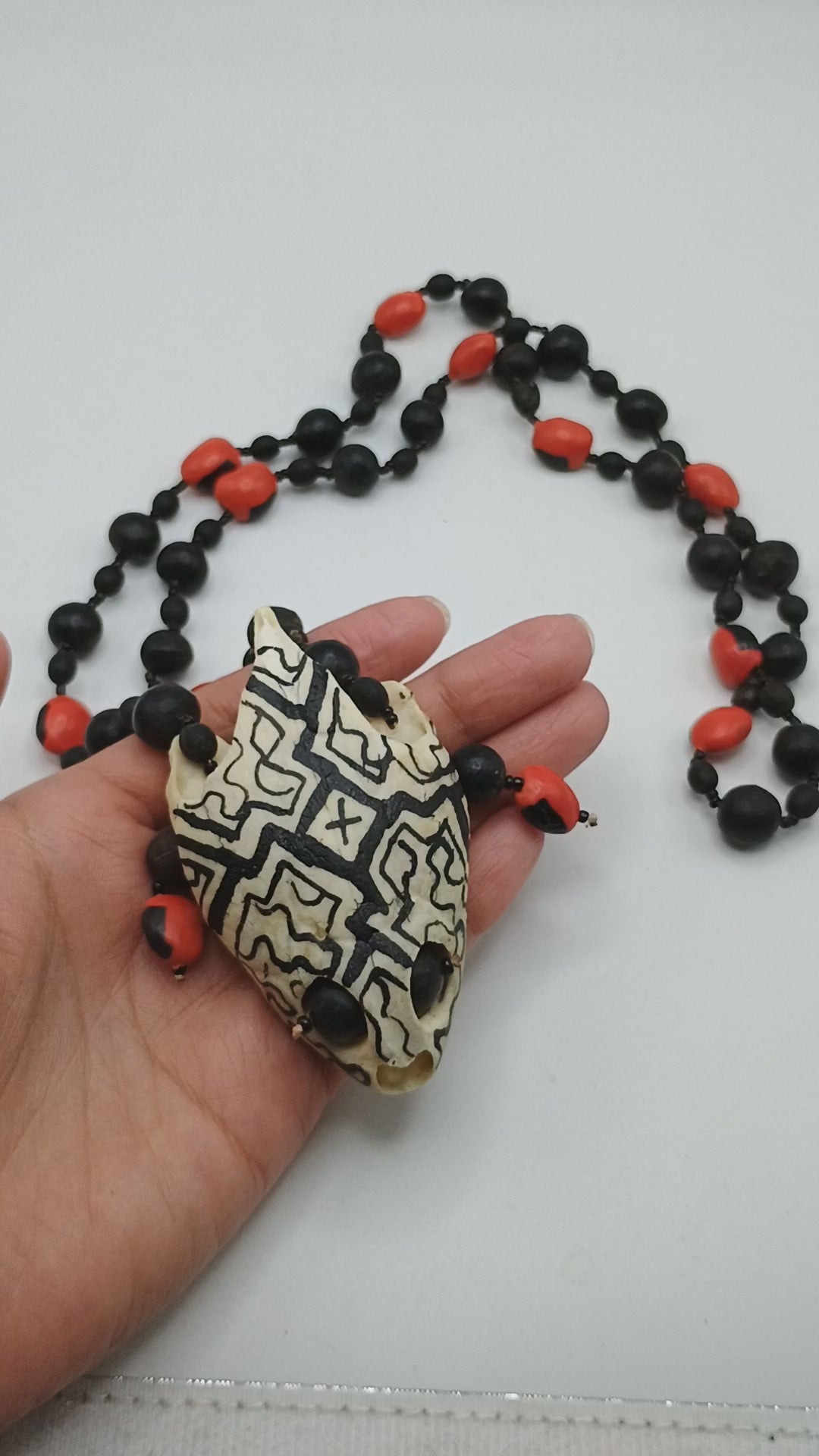 Handmade Amazonian Huayruro Necklace, Carved Turtle Skull