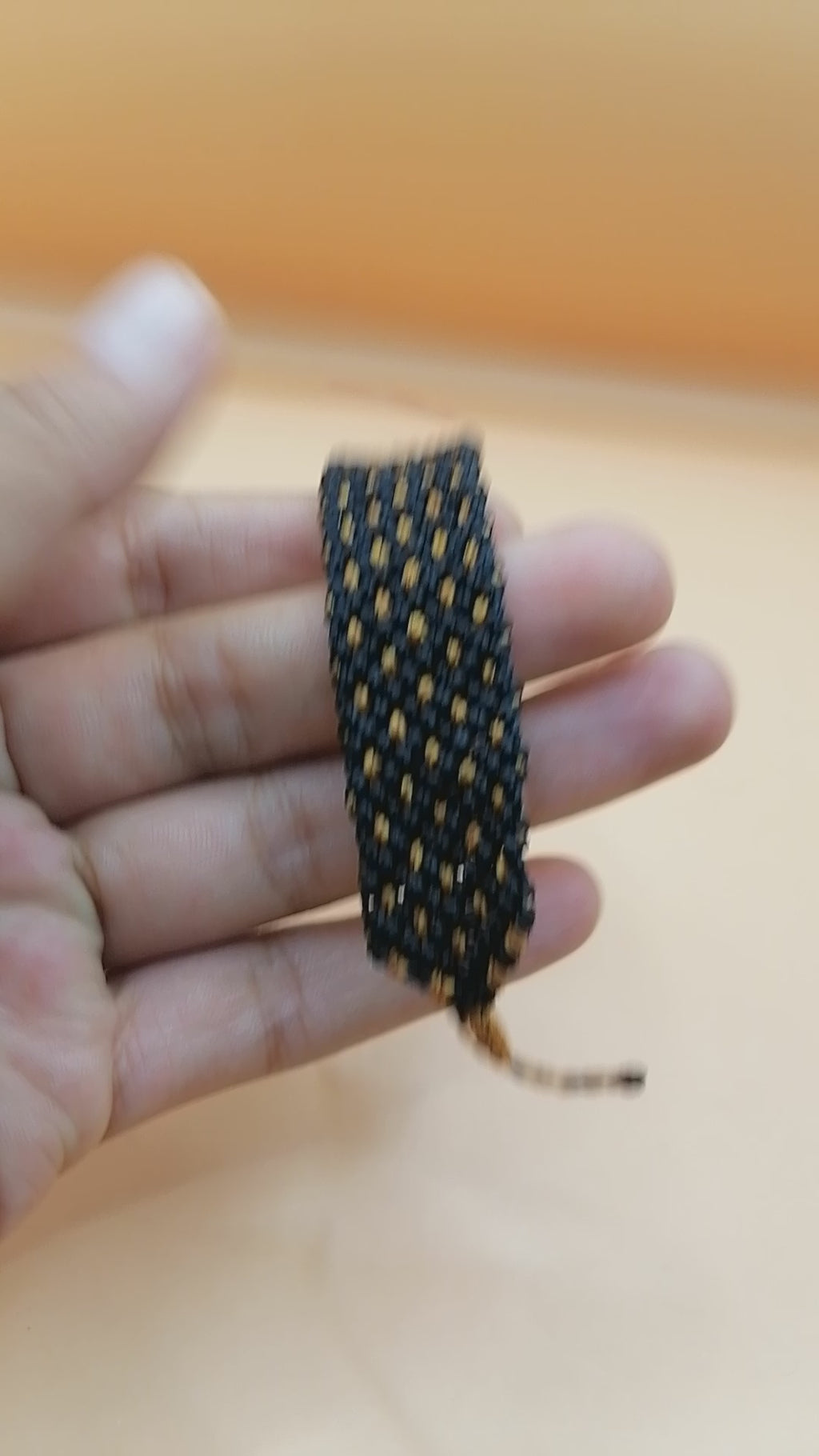 Black Macrame Bracelet with Golden Geometric Designs, Hand-Woven Bracelet