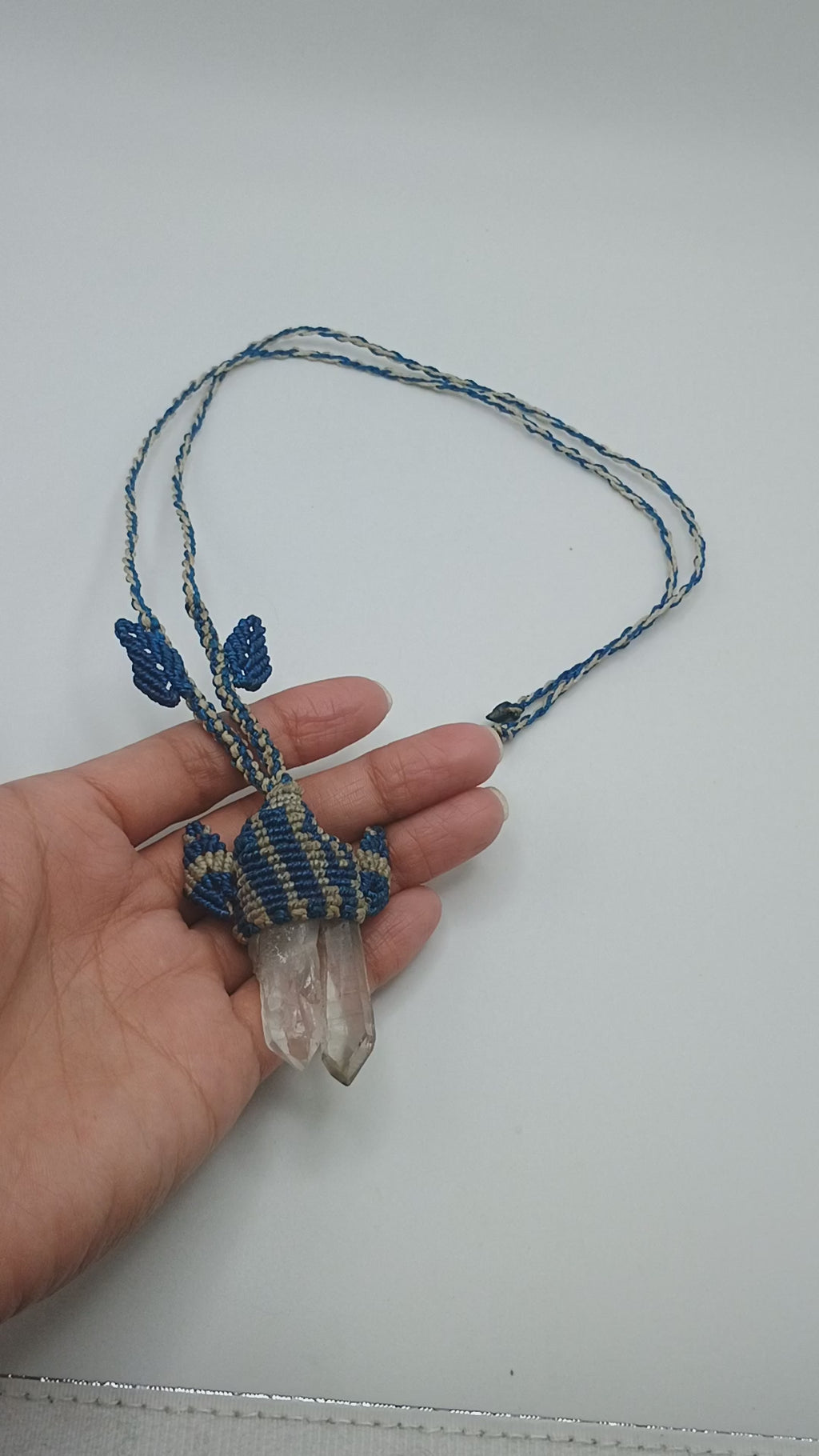 Handmade Macrame Necklace with Natural Quartz Crystal Pendant and Blue Woven Thread