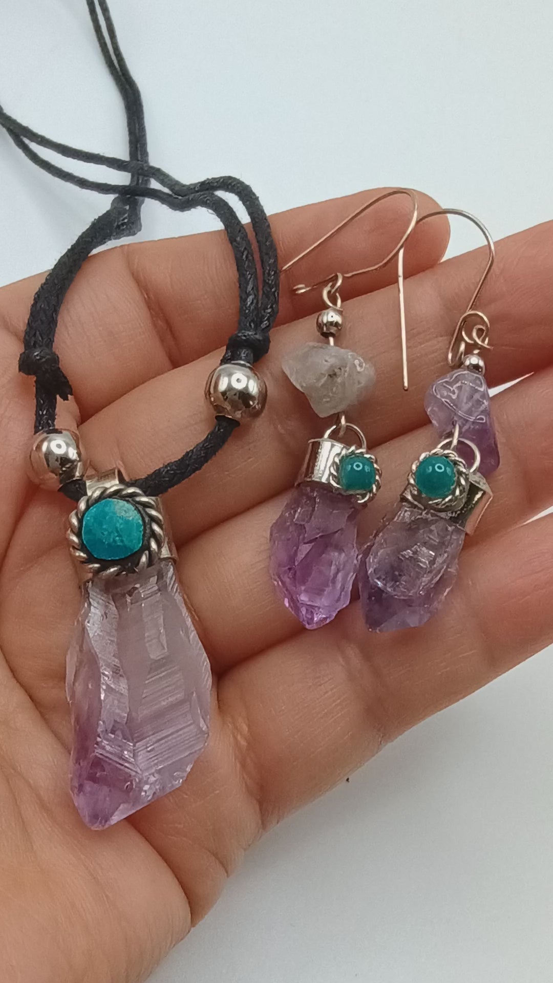 Amethyst Necklace and Earrings Set, Adjustable, Handmade, Natural Stone