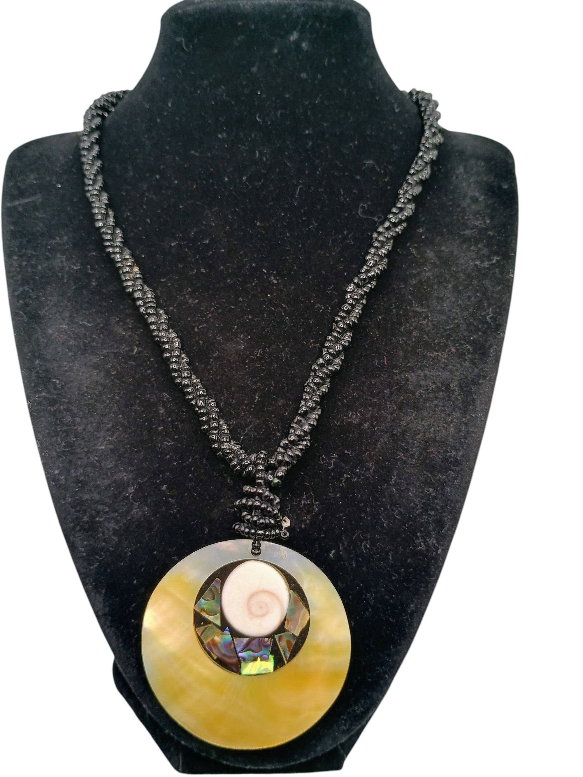 Handmade Necklace with Mother-of-Pearl, Abalone, and Black Beads