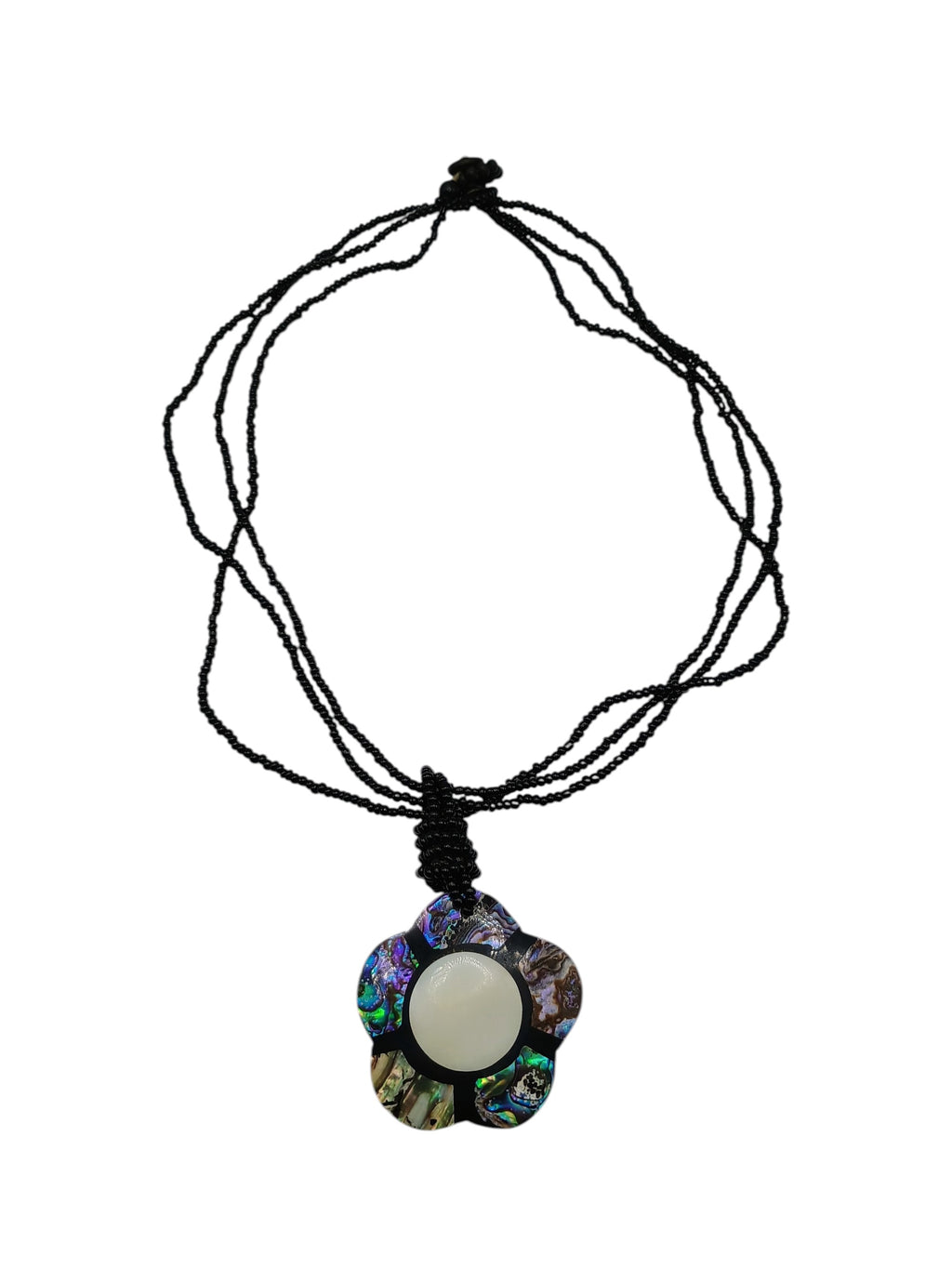 Handmade Abalone Mother-of-Pearl Flower Necklace with Black Beads
