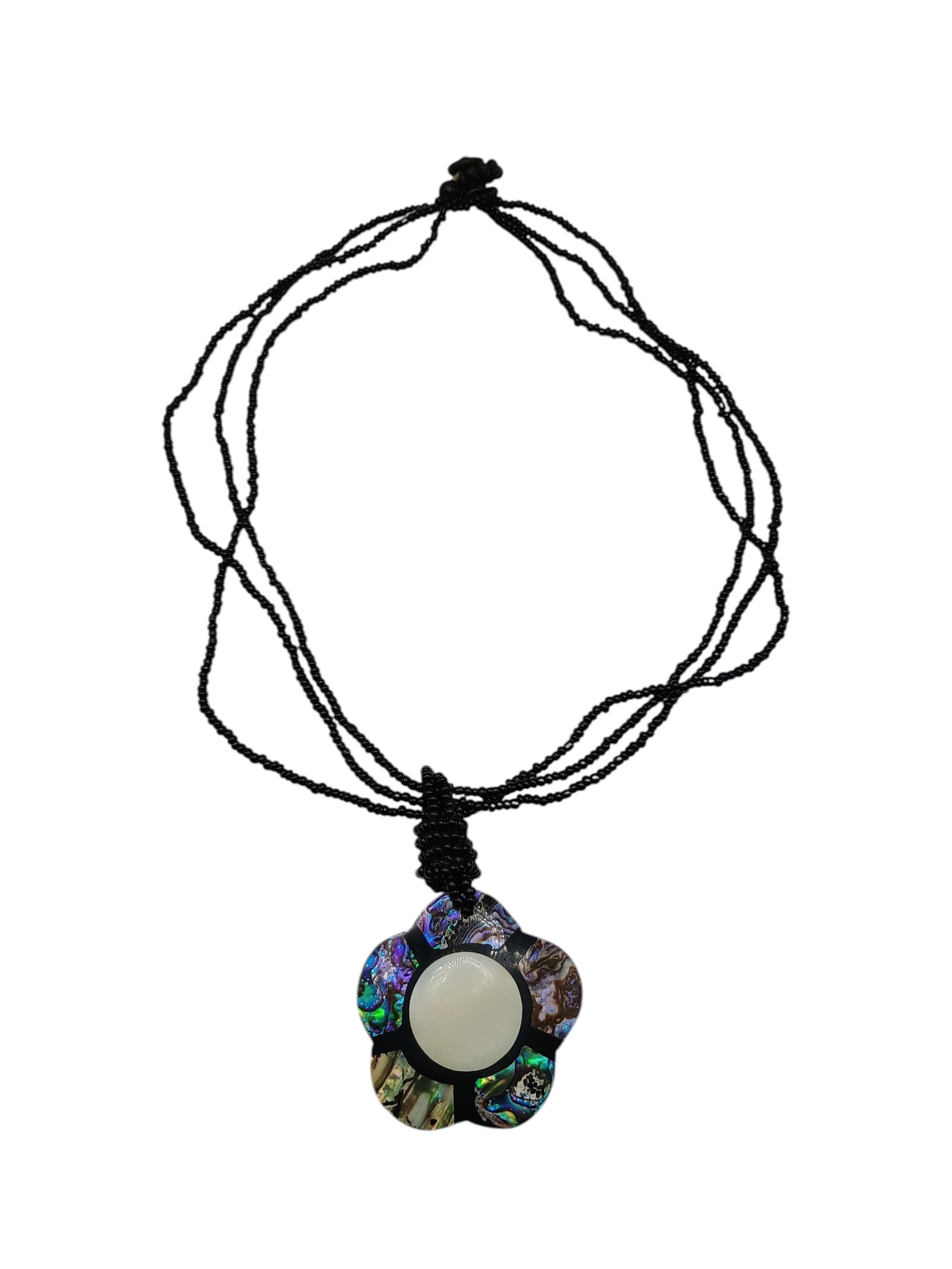 Handmade Abalone Mother-of-Pearl Flower Necklace with Black Beads