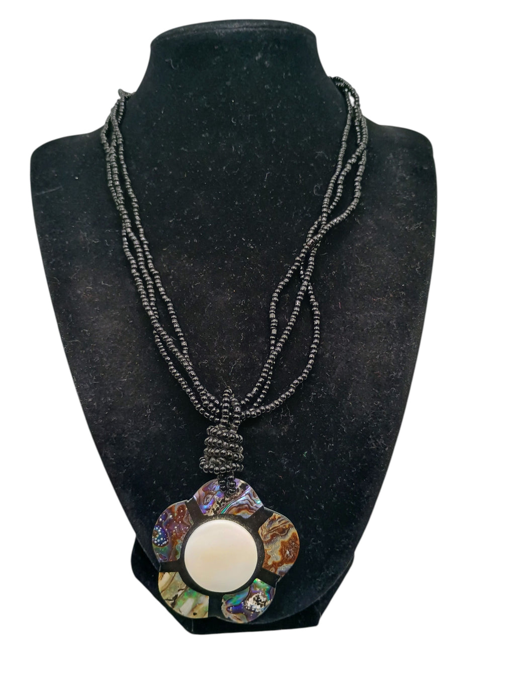 Handmade Abalone Mother-of-Pearl Flower Necklace with Black Beads