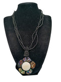 Handmade Abalone Mother-of-Pearl Flower Necklace with Black Beads