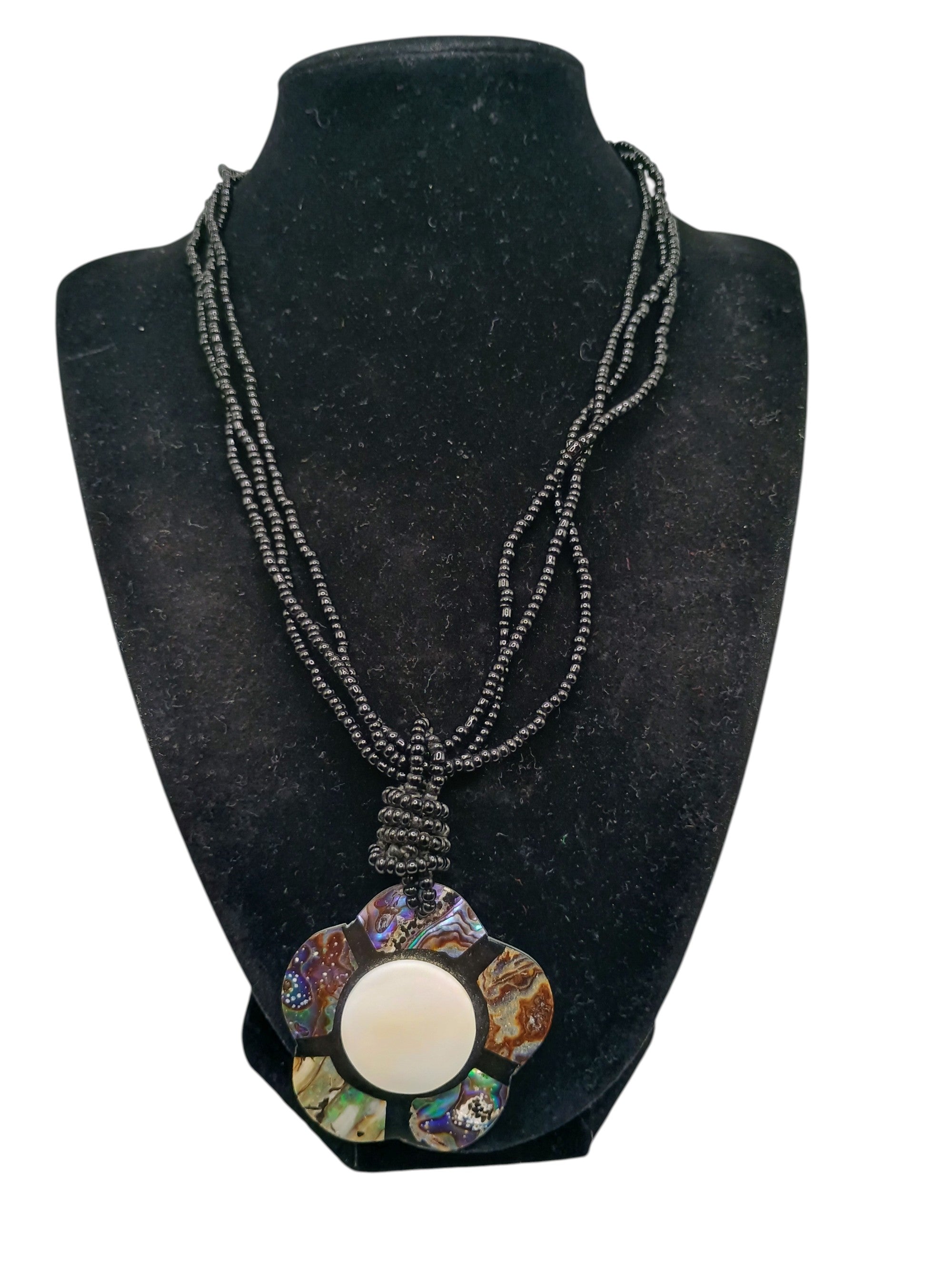 Handmade Abalone Mother-of-Pearl Flower Necklace with Black Beads