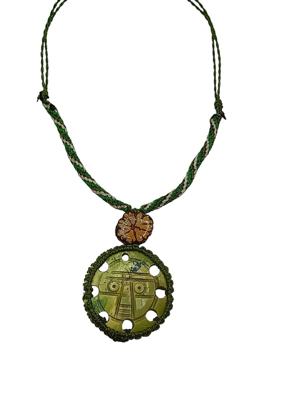 Inca Sun God Necklace Handmade Andean Serpentine Stone Macrame Amulet Spiritual Protection