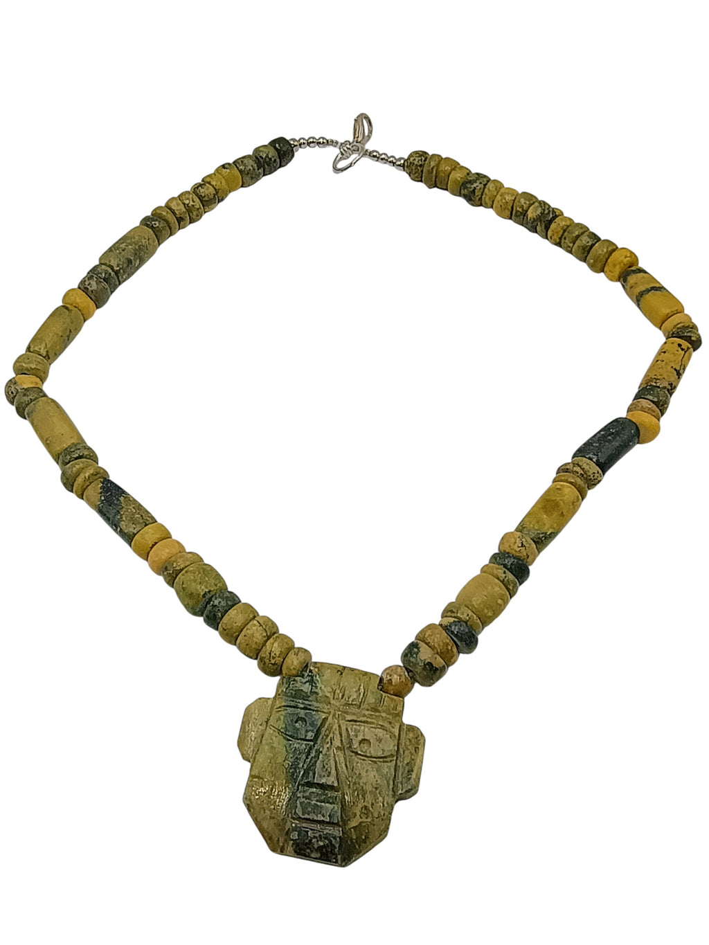 Handmade Natural Serpentine Stone Necklace with Andean Inca Face Pendant