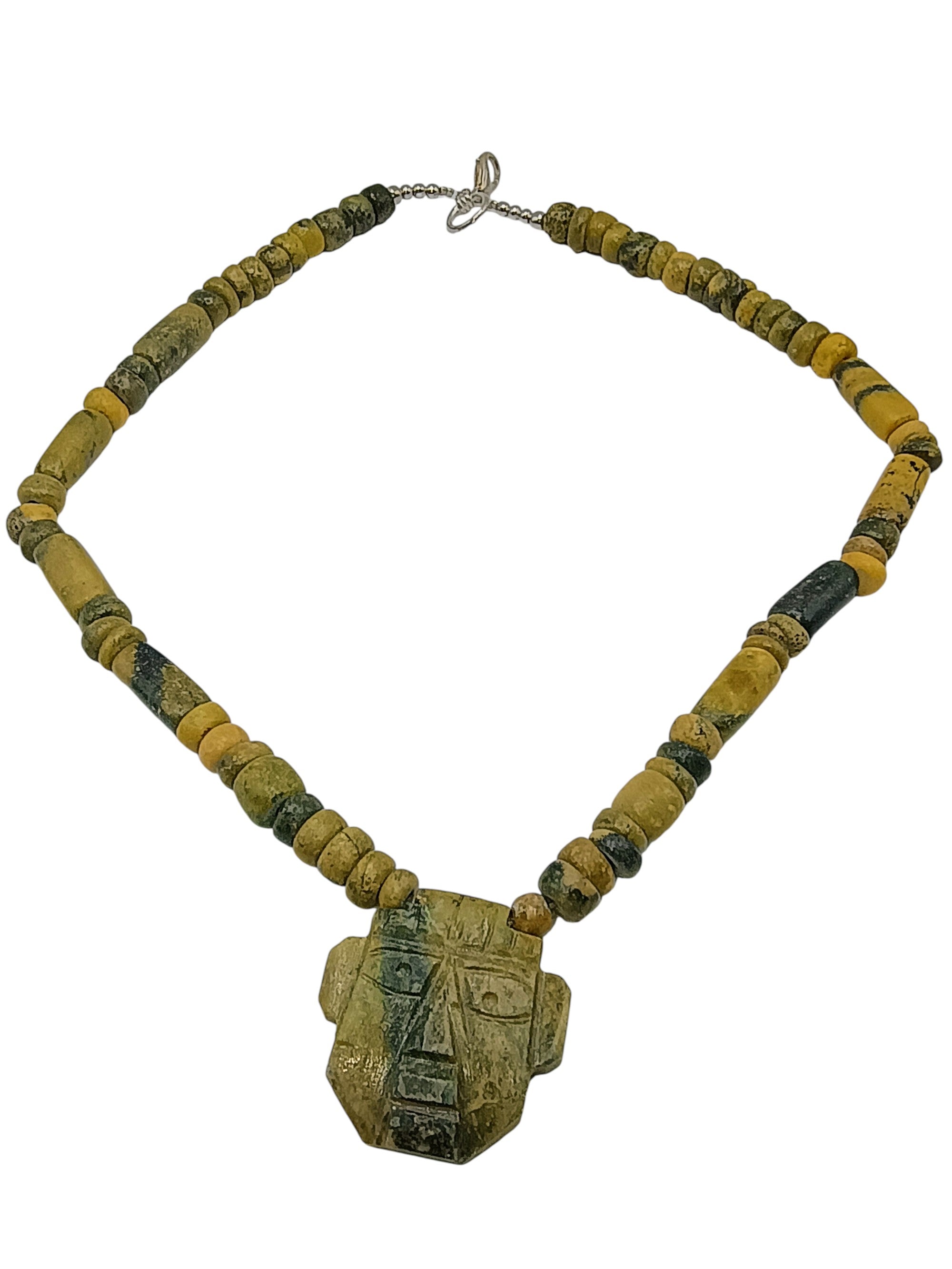Handmade Natural Serpentine Stone Necklace with Andean Inca Face Pendant