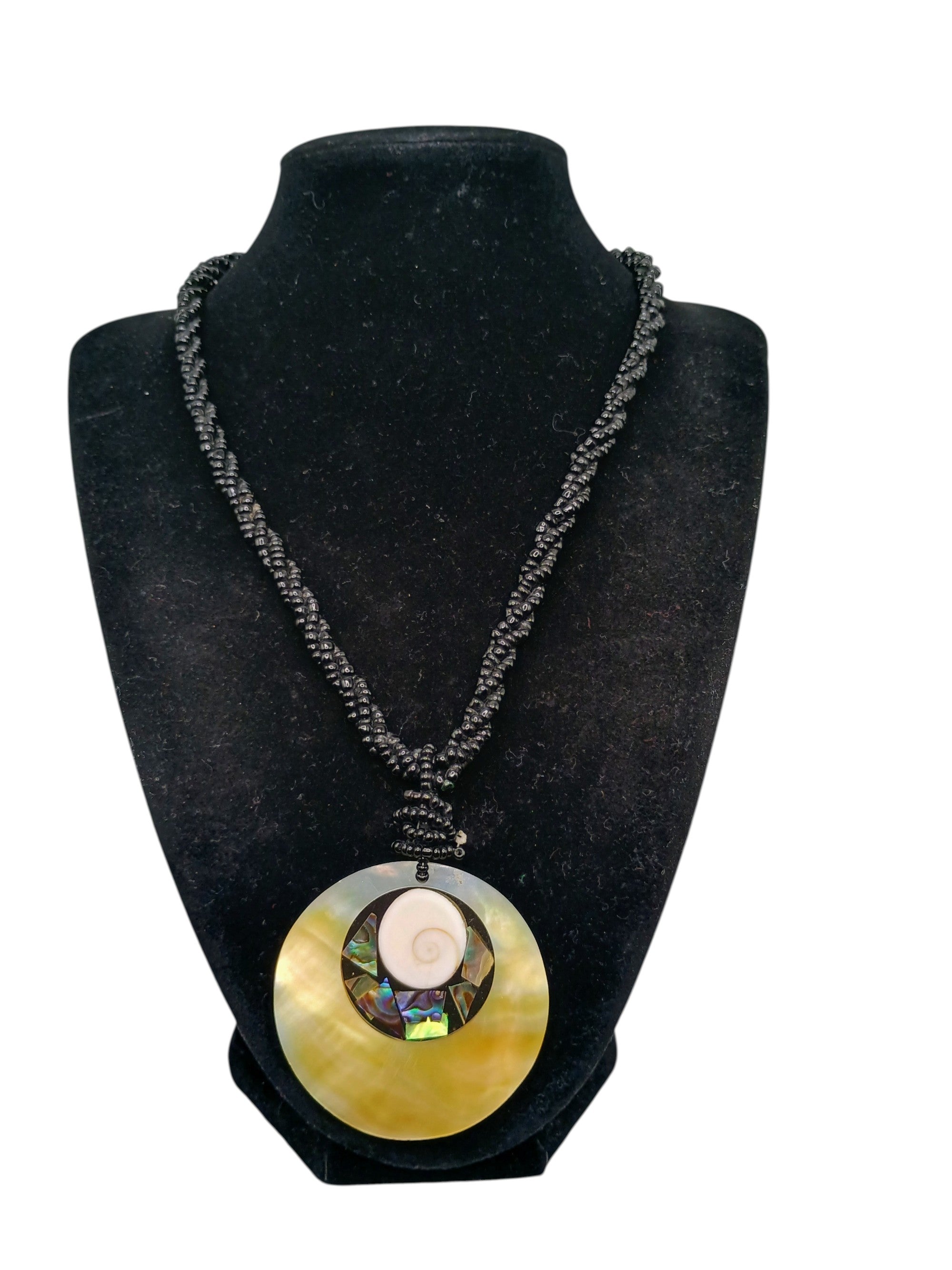 Handmade Necklace with Mother-of-Pearl, Abalone, and Black Beads