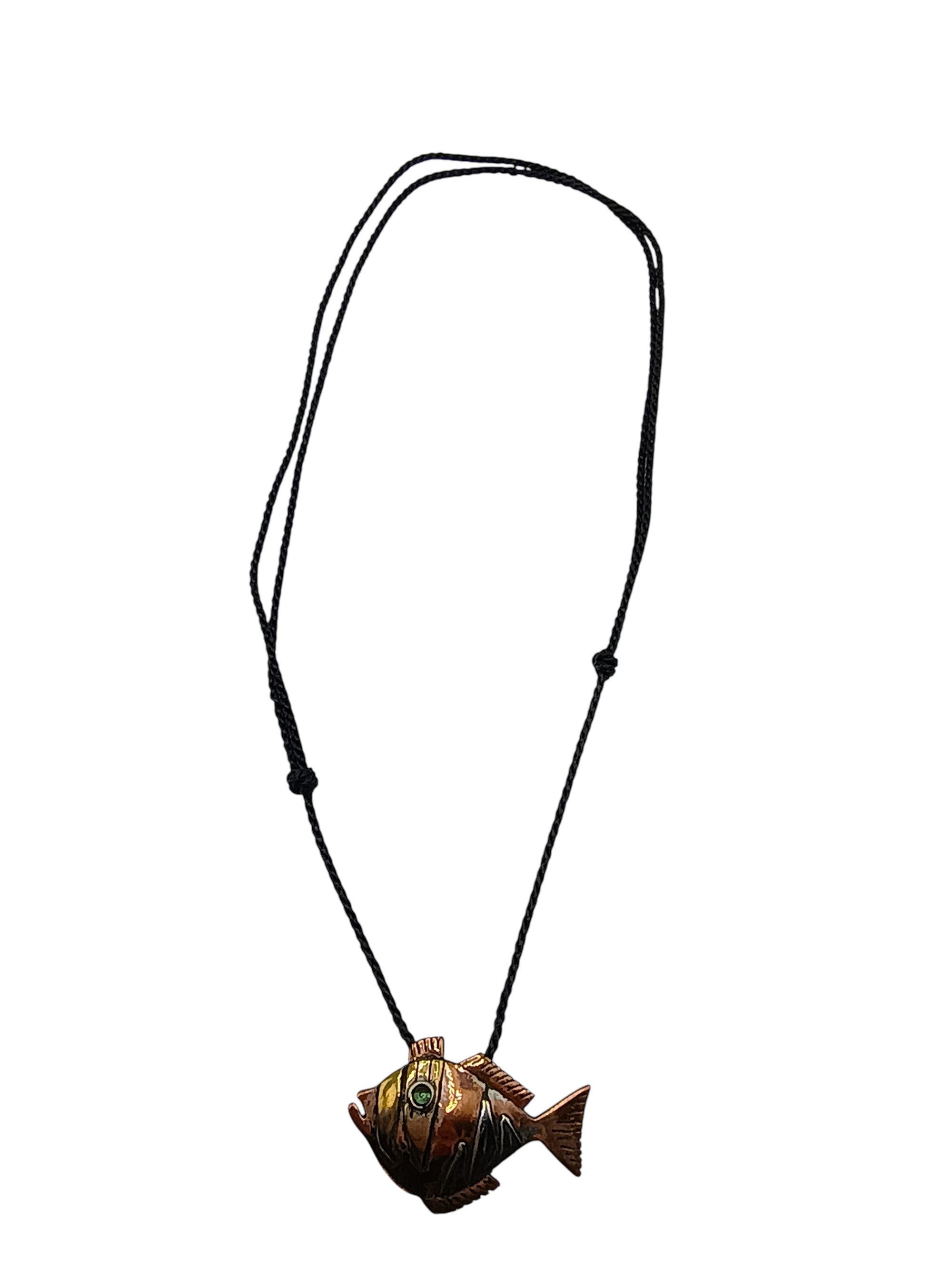 Handmade Copper Fish Necklace, Artisan Jewelry, Adjustable Macrame Cord