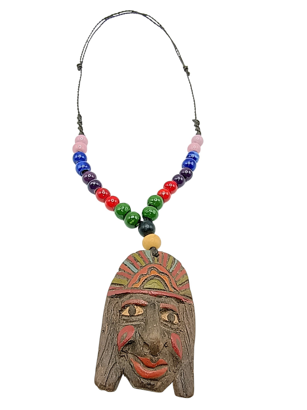 Hand-Carved Inca Face Wooden Necklace - Artisan Beaded Tribal Jewelry