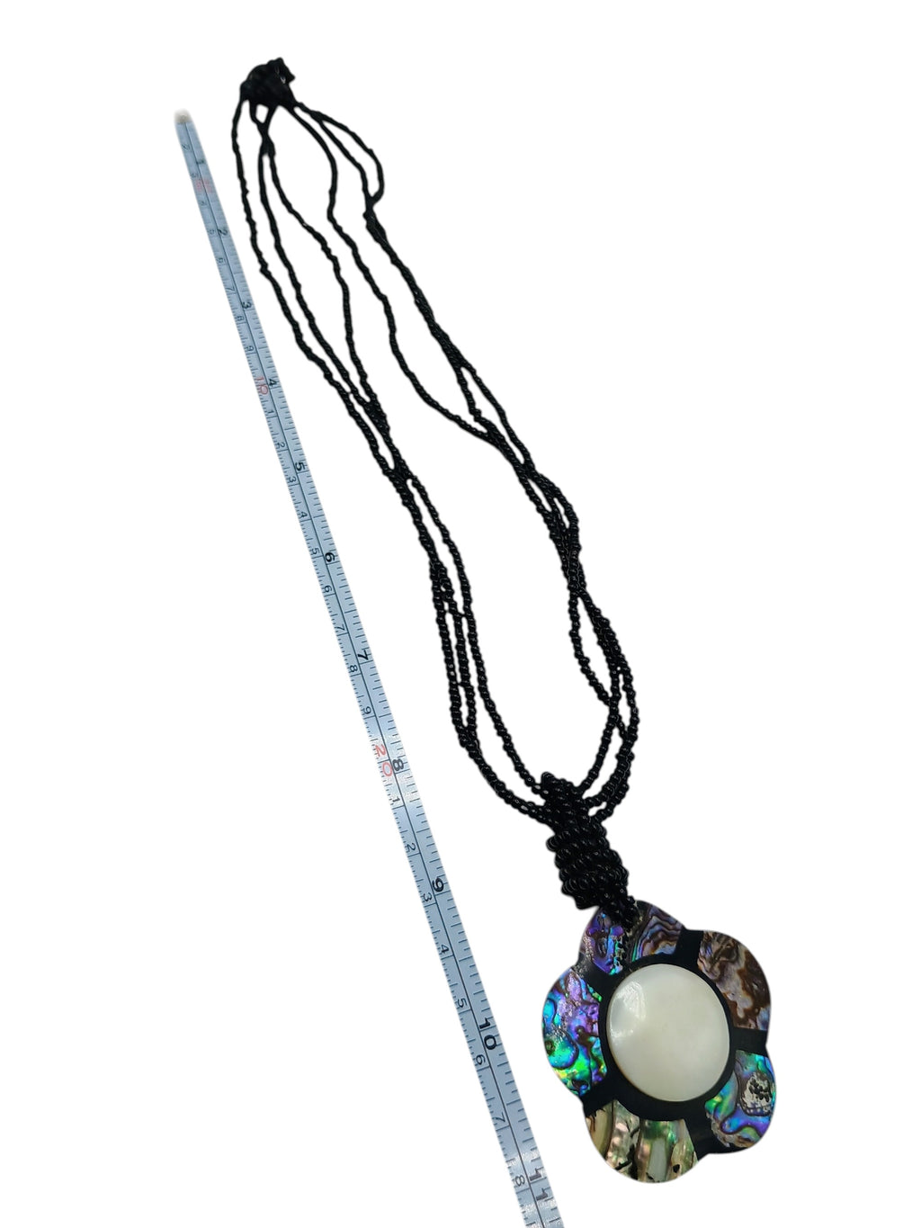 Handmade Abalone Mother-of-Pearl Flower Necklace with Black Beads