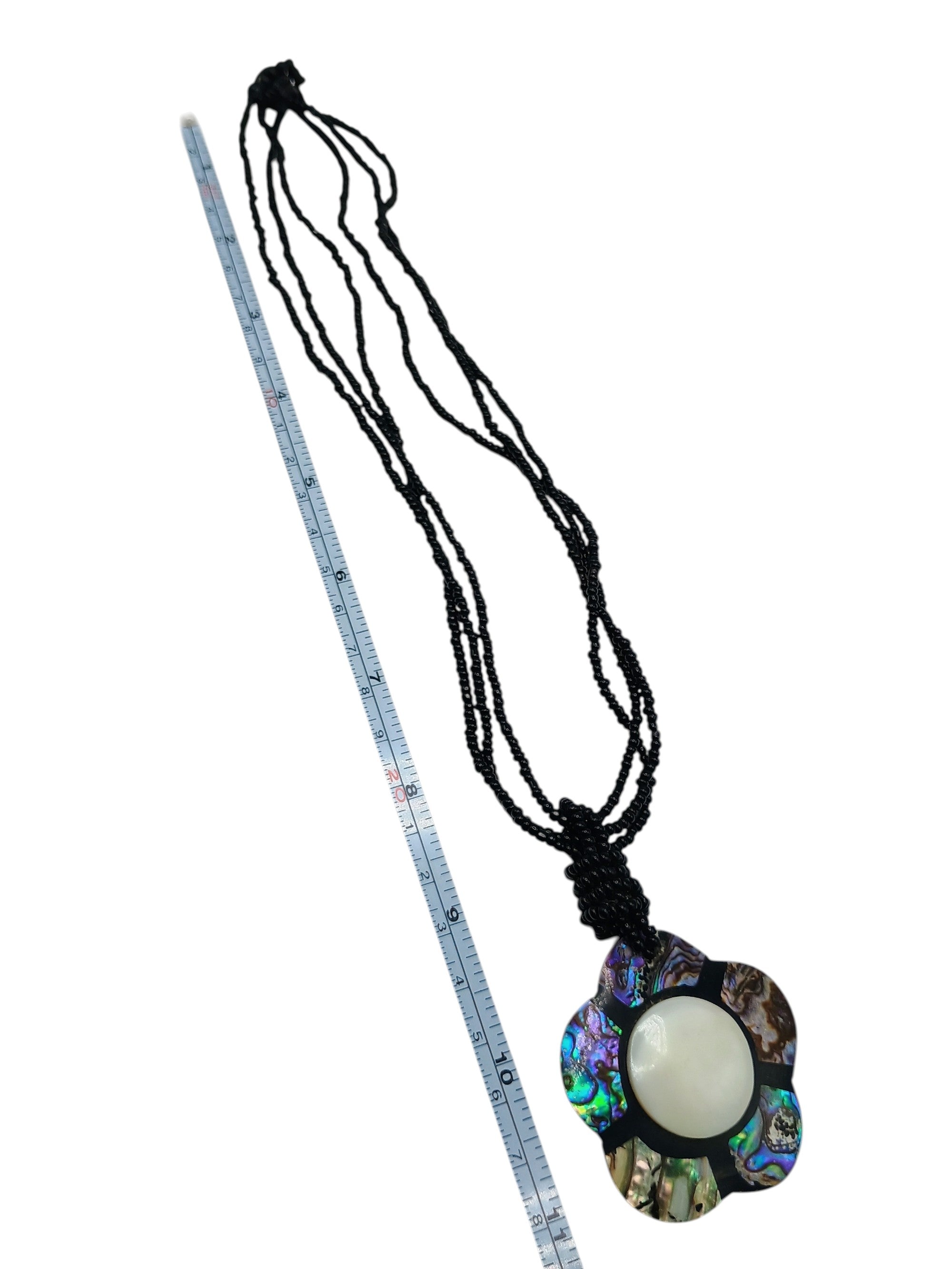 Handmade Abalone Mother-of-Pearl Flower Necklace with Black Beads